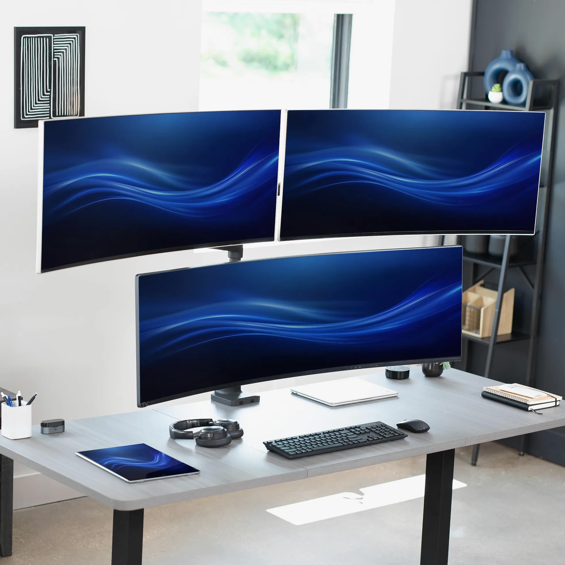 VIVO Braccio Pneumatico Triplo per Monitor Ultrawide Extra Alto Supporto da Scrivania per Schermi fino a 49 Pollici, Morsetto Robusto, Portata 3 Monitor Ultra Wide fino a 19,9 kg, Nero, STAND-V300D