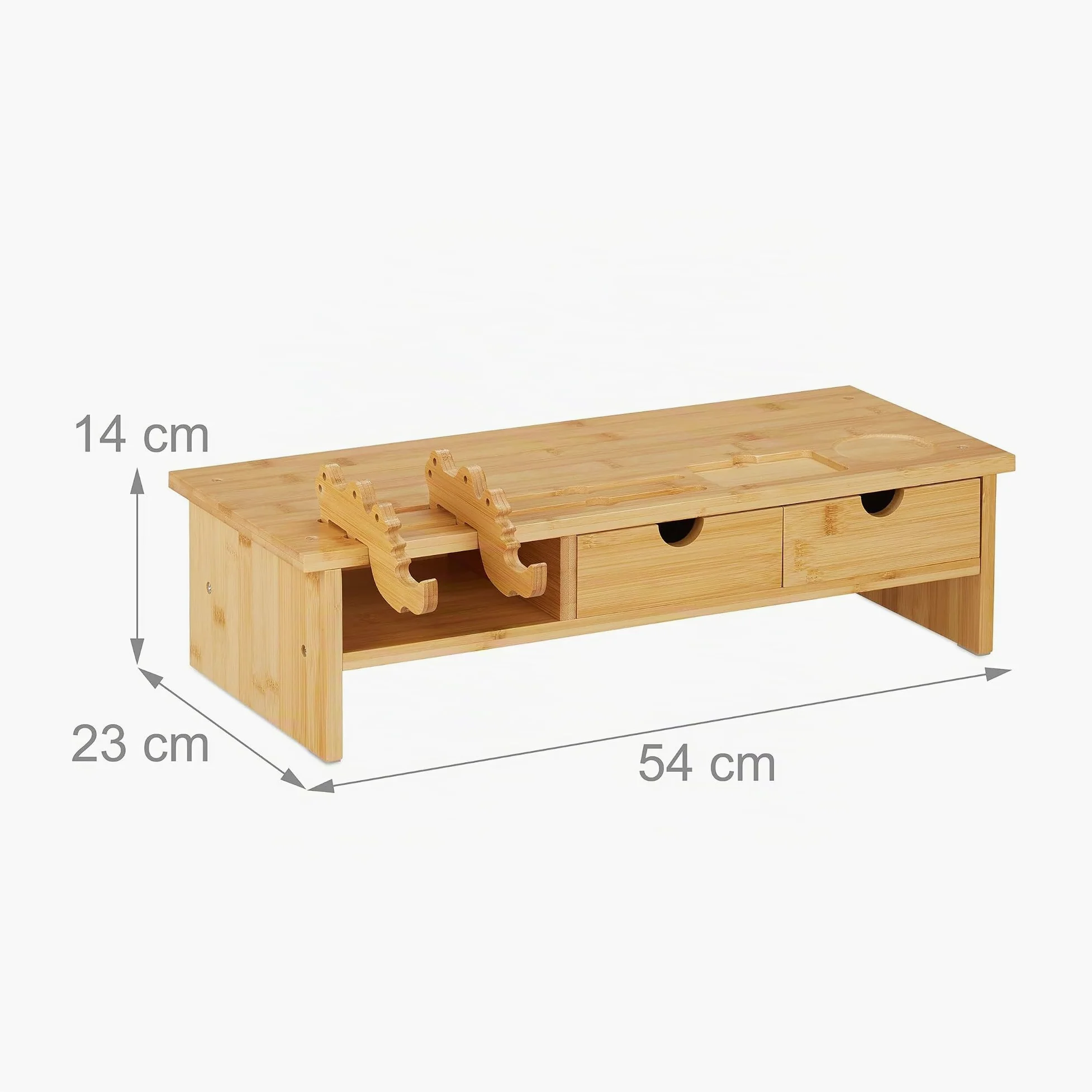 Relaxdays Supporto per Monitor, Rialzo per Schermo PC, Scomparto Porta Cellulare e 2 Cassetti, 14x54x23 cm, Naturale