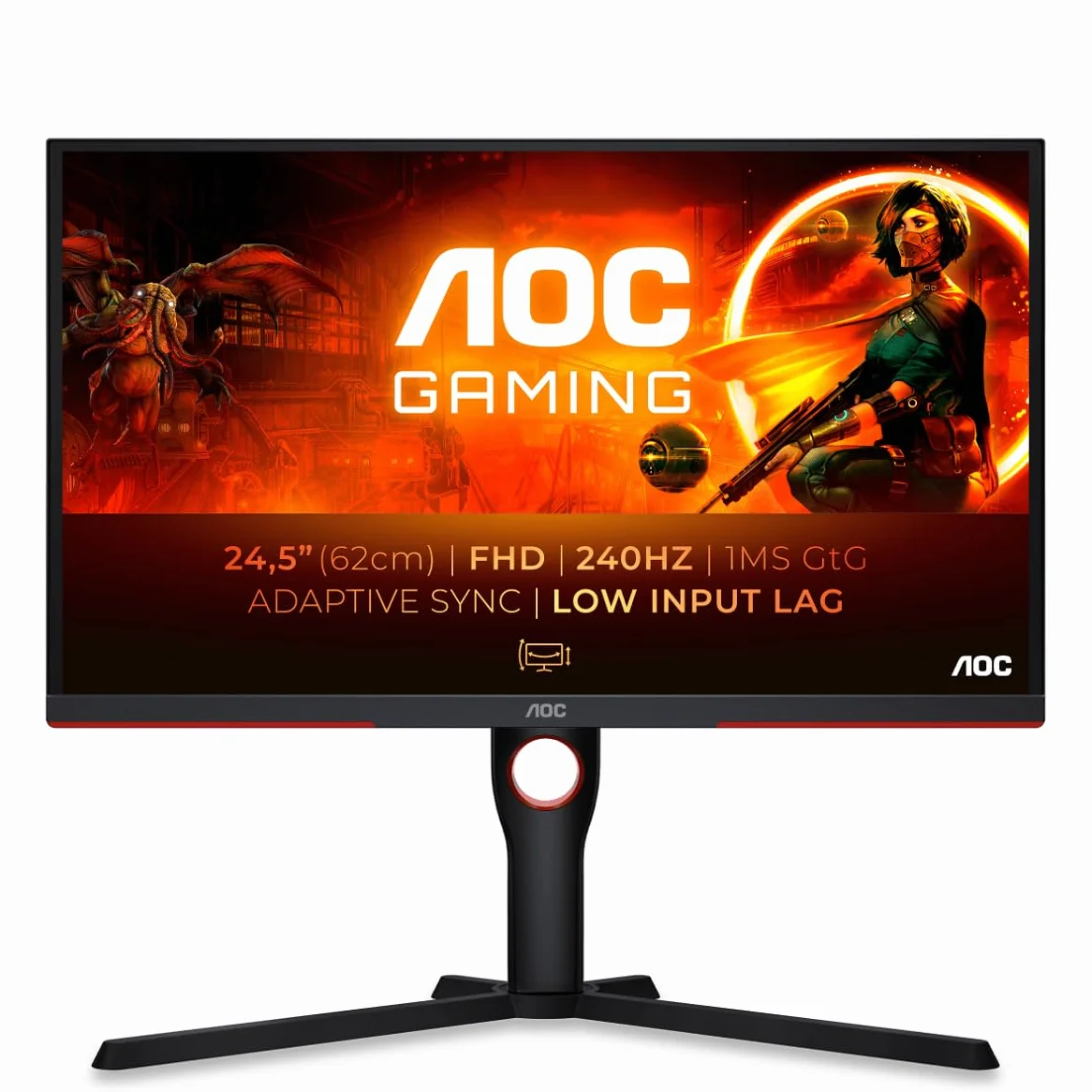 AOC Gaming 25G3ZM/BK - Monitor FHD da 24,5" 240 Hz, MPRT da 0,5 ms, FreeSync Premium (1920x1080, HDMI 2.0 x 2, DisplayPort 1.2 x 1, Uscita cuffie (3,5 mm)) nero/rosso