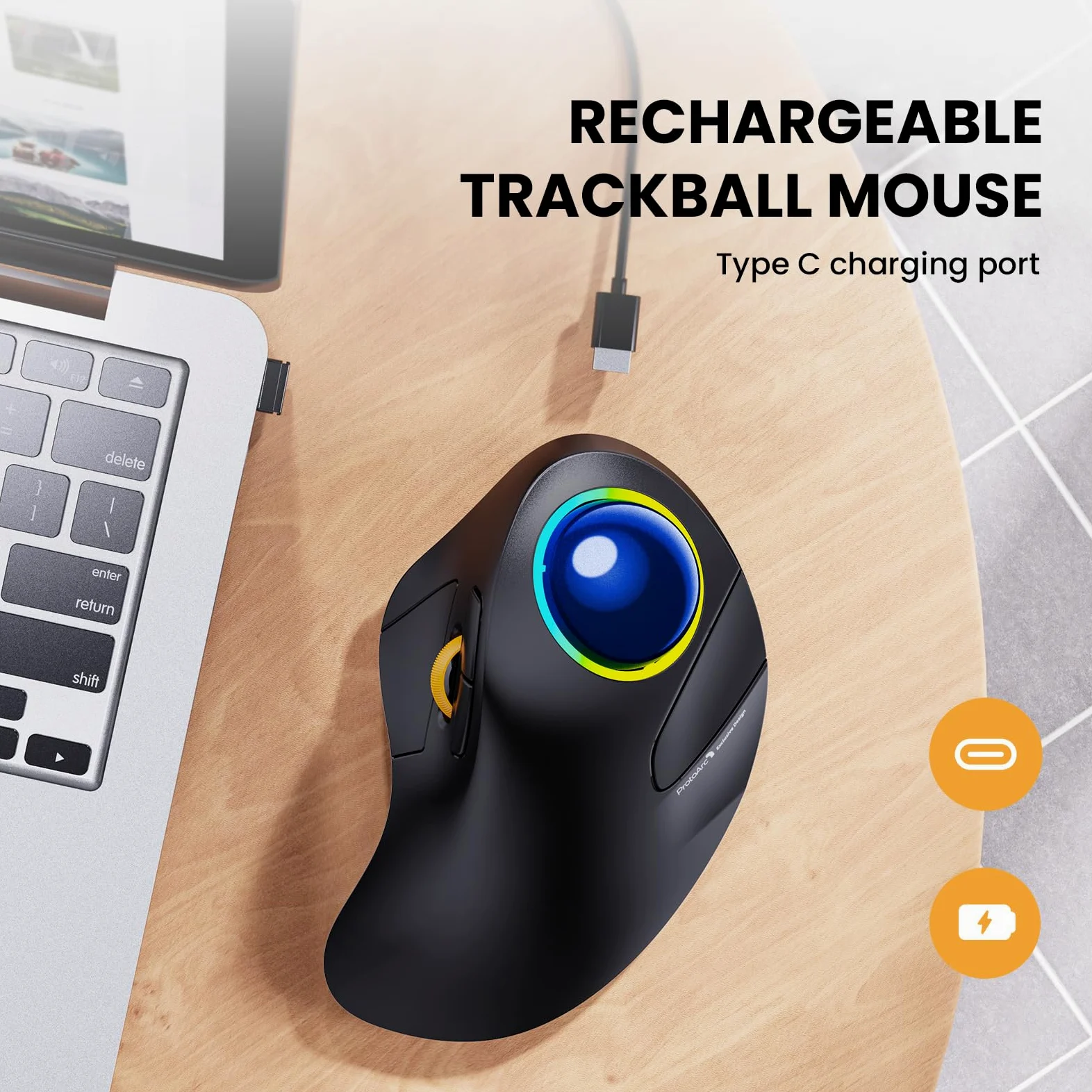 ProtoArc EM03 - Mouse trackball wireless Bluetooth, ergonomico, RGB con trackball, ricaricabile, per computer portatile, connessione a 3 dispositivi, compatibile con iPad, Mac, Windows- Palla Blu