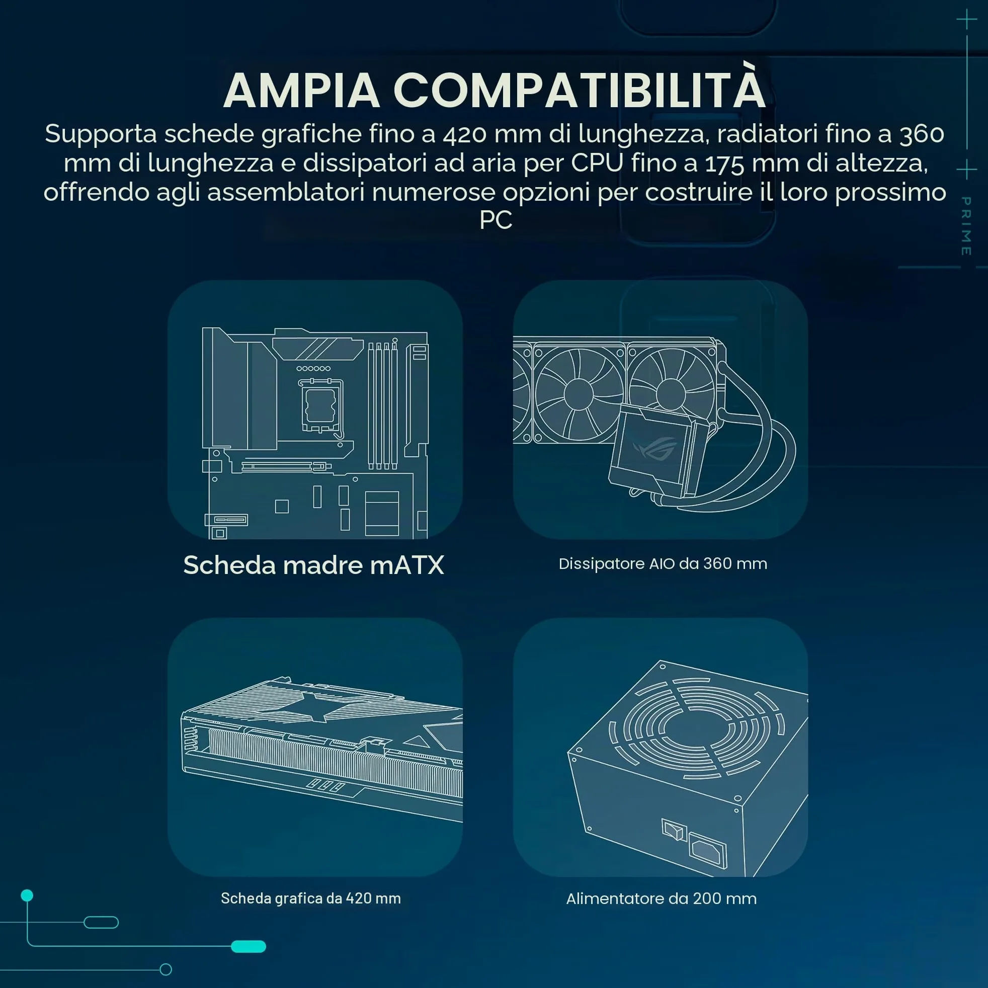 ASUS Prime AP202 ARGB, Case mATX, Pannelli Tool-Free, Supporto per Dissipatori da 360mm, Schede Grafiche da 420 mm e Alimentatori da 200 mm, 3 Ventole ARGB Integrate, Porta USB-C, Nero