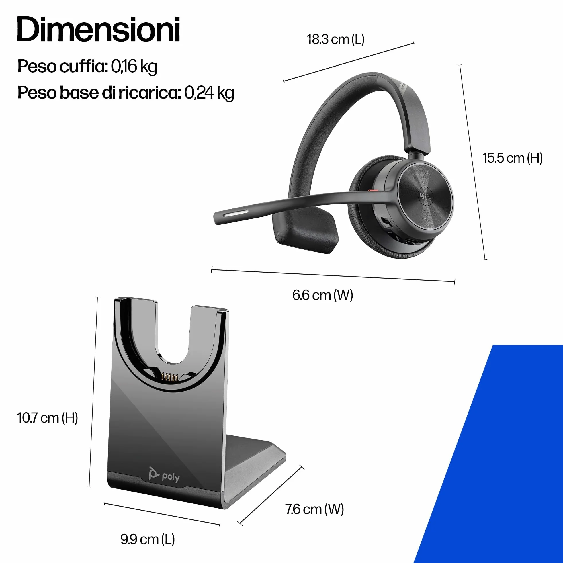 Poly Voyager 4310 UC, Cuffia Monoaurale Senza Filo, Connessione Bluetooth e Dongle USB-C BT700, Cuscinetto in Similpelle, Autonomia 24 Ore, Base per Ricarica, Compatibile con Windows 10 e macOS, Nero