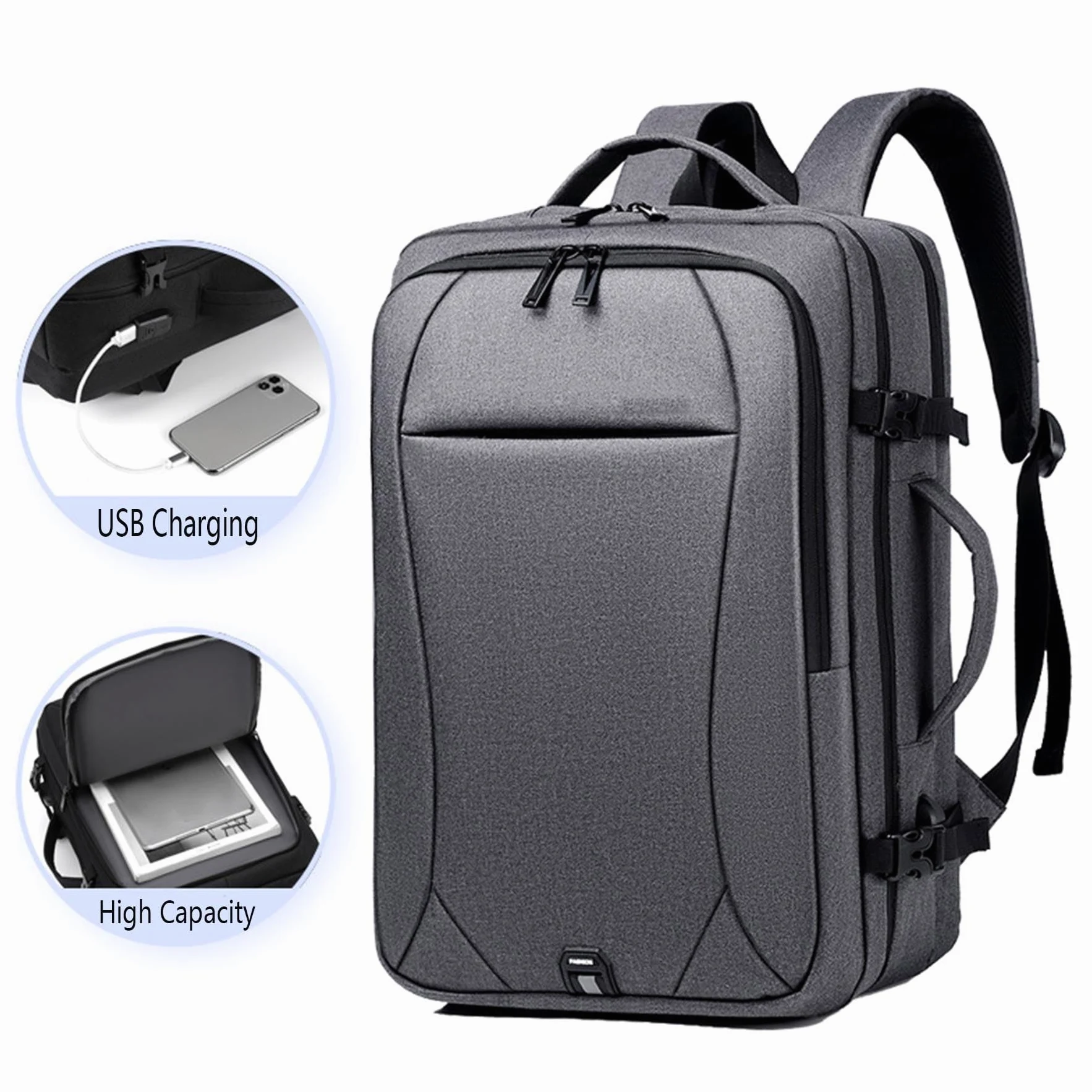 Zaino Business Leggero per Laptop, Ampio Zaino da Viaggio Espandibile con Porta di Ricarica USB, Robusto Zaino Casual per Pendolari con Fascia per Trolley e Scomparti Multipli