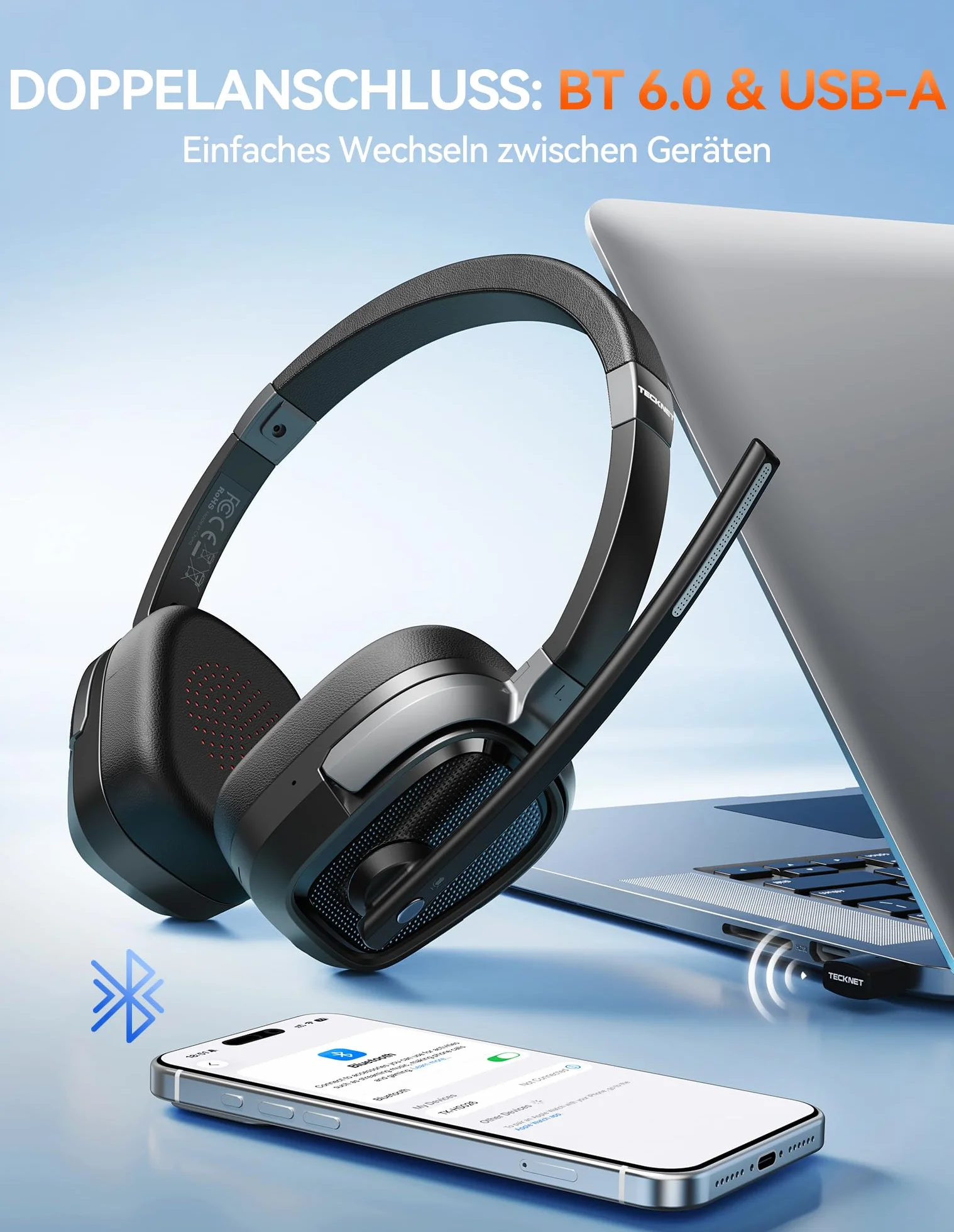 TECKNET Cuffie Bluetooth con Microfono, 50+ Ore Autonomia, Cancellazione Rumore, Doppia Modalità (Bluetooth/USB-A) Cuffie con microfono per PC, telefoni, lavoro a distanza e videoconferenze