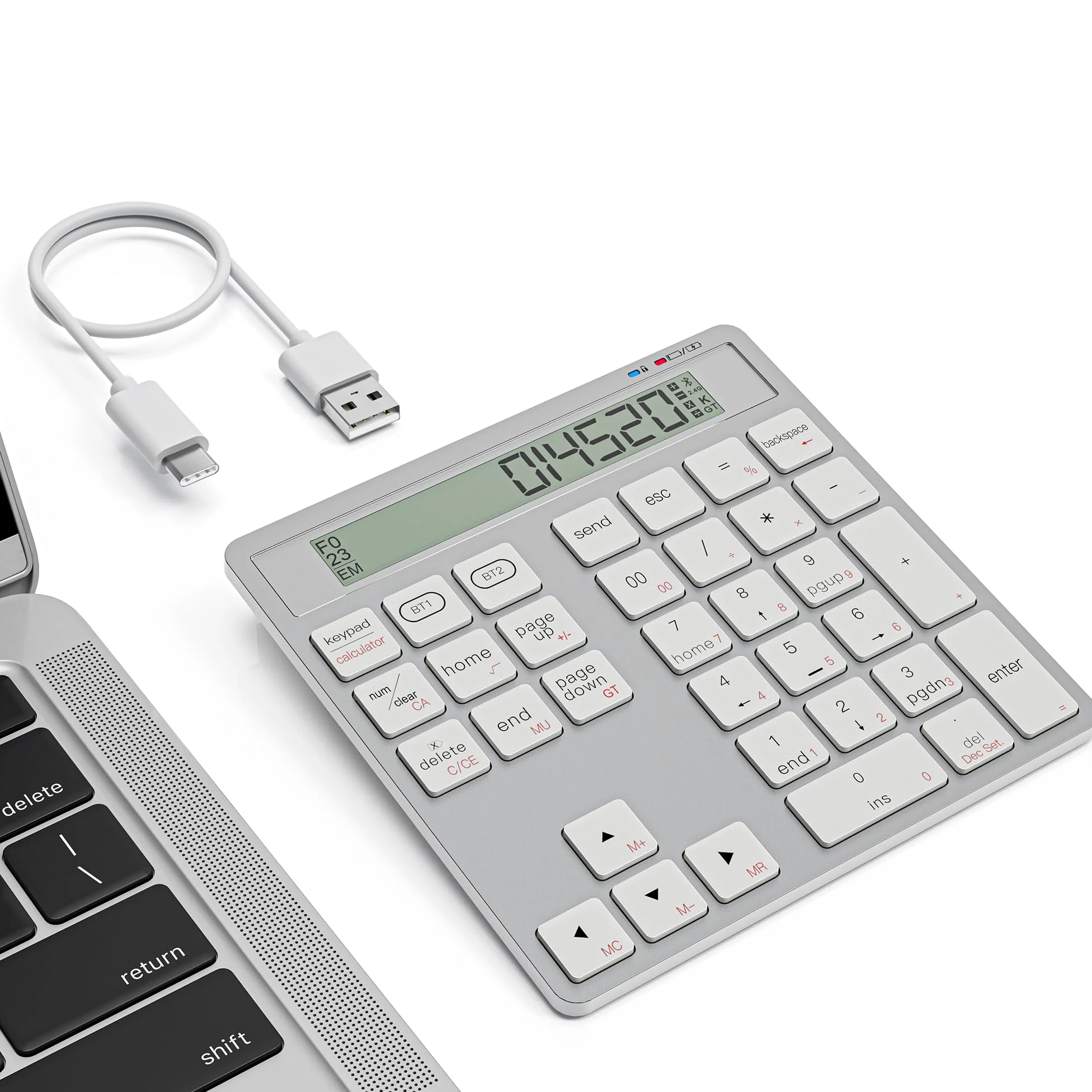Tastierino numerico 2-in-1 ricaricabile con Bluetooth e USB, 34 tasti con display calcolatrice, sottile e portatile per PC/Mac/tablet, inserimento dati e contabilità rapidi
