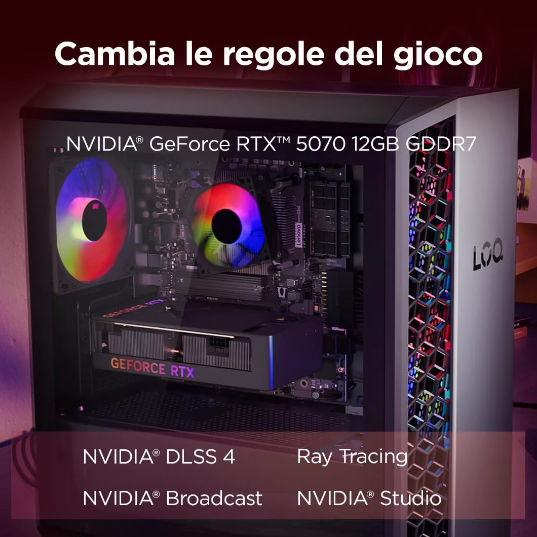 Lenovo LOQ Gaming Desktop 26L - (Processore AMD Ryzen 7-8745HX, RAM 2x8GB, Memoria 1 TB SSD, NVIDIA GeForce RTX 5070 12GB GDDR7, Windows 11) -Luna Grigio+Eclipse Nero - Esclusiva Amazon