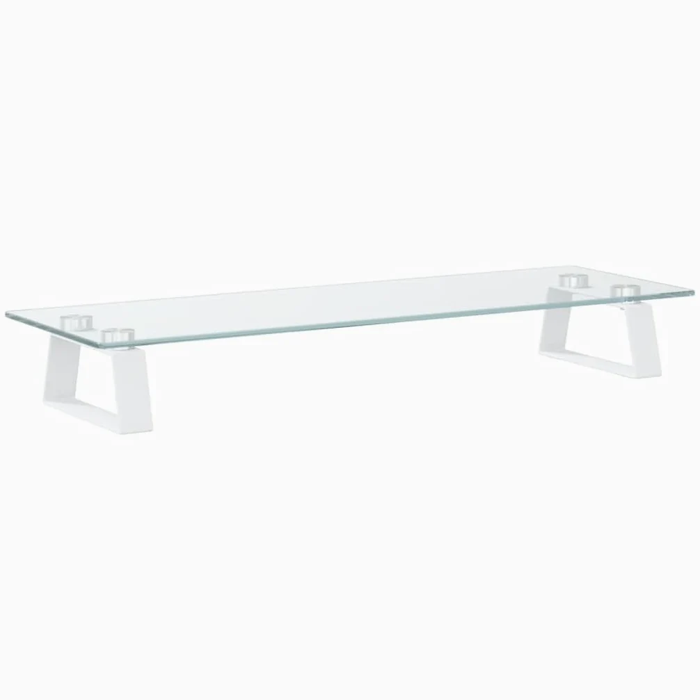 Mangloder Supporto Monitor Bianco 60x20x8cm in Vetro Temperato e Metallo, Supporto Schermo Ergonomico con Spazio per Scrivania, Postazione di Lavoro, Home Office, Accessori da Ufficio e Gestione Cavi