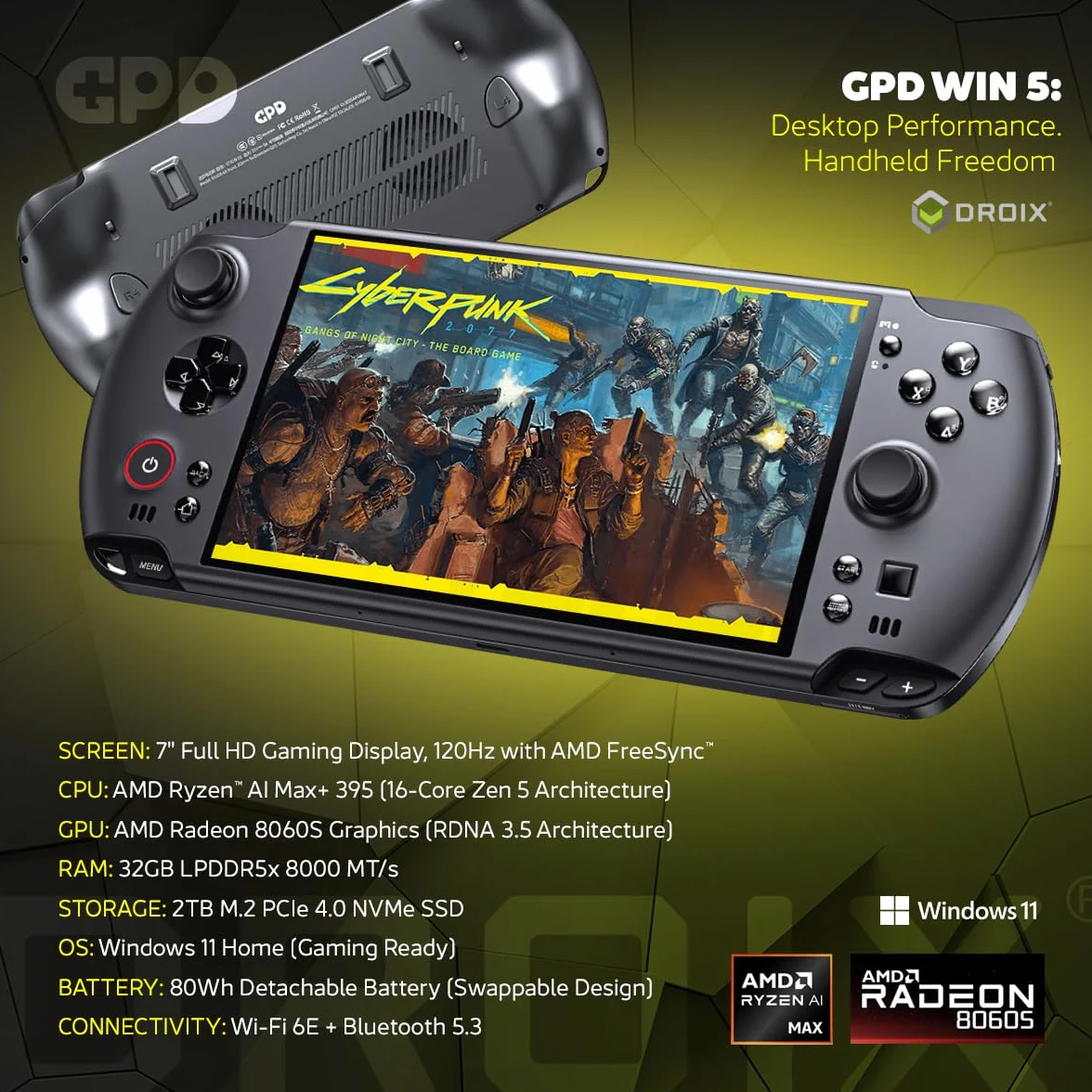 GPD WIN 5 PC portatile da gioco | AMD Ryzen AI Max+ Ryzen 395 | 32GB LPDDR5X RAM, 2TB SSD | Scheda grafica Radeon 8060S | PC portatile per giochi AAA ed emulazione