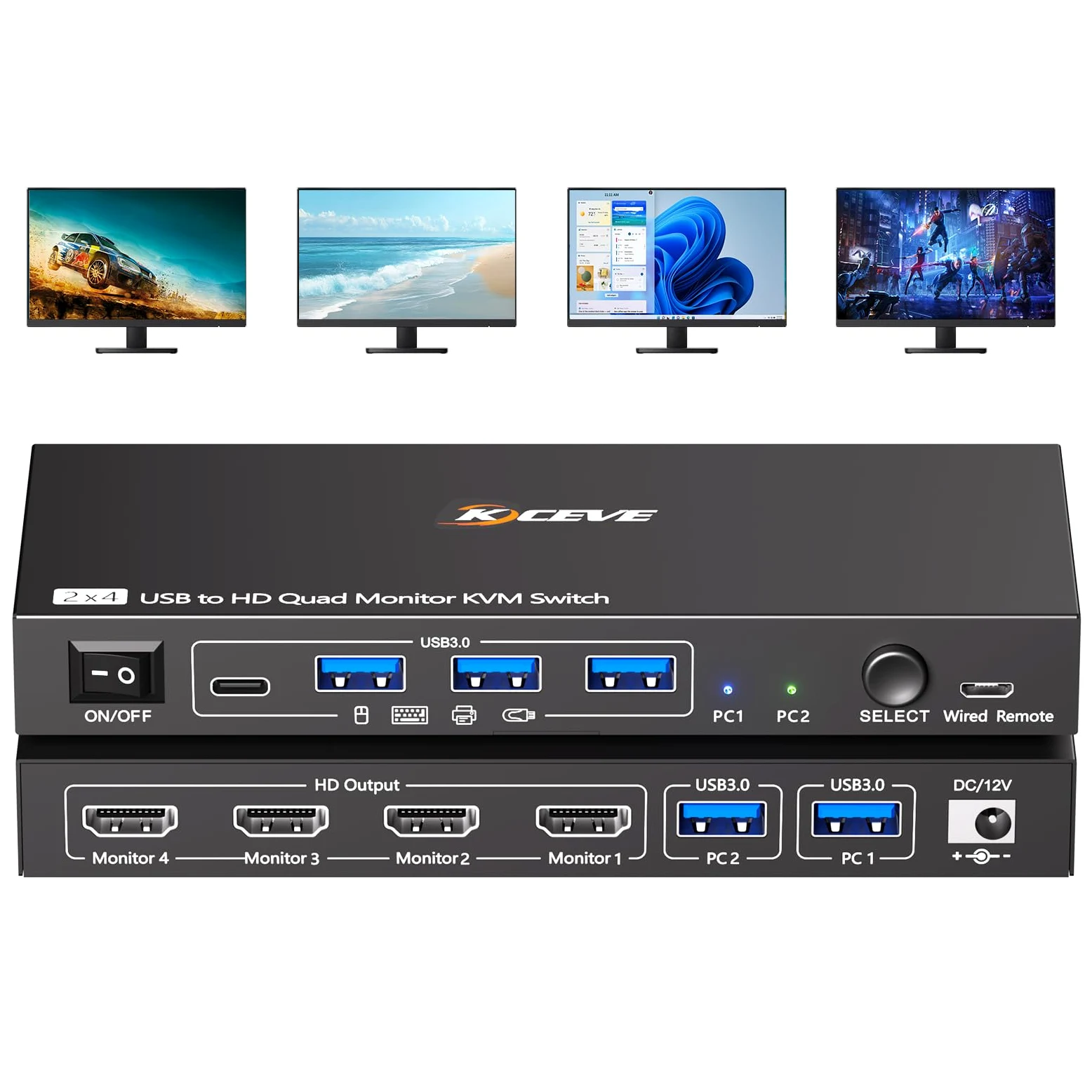 KVM Switch 2 PC 4 Monitor 1080P@60Hz, Quad Monitor KVM Switch Adatto per l'esecuzione di due Computer su 4 Monitor e 4 Dispositivi USB, Installazione driver richiesta