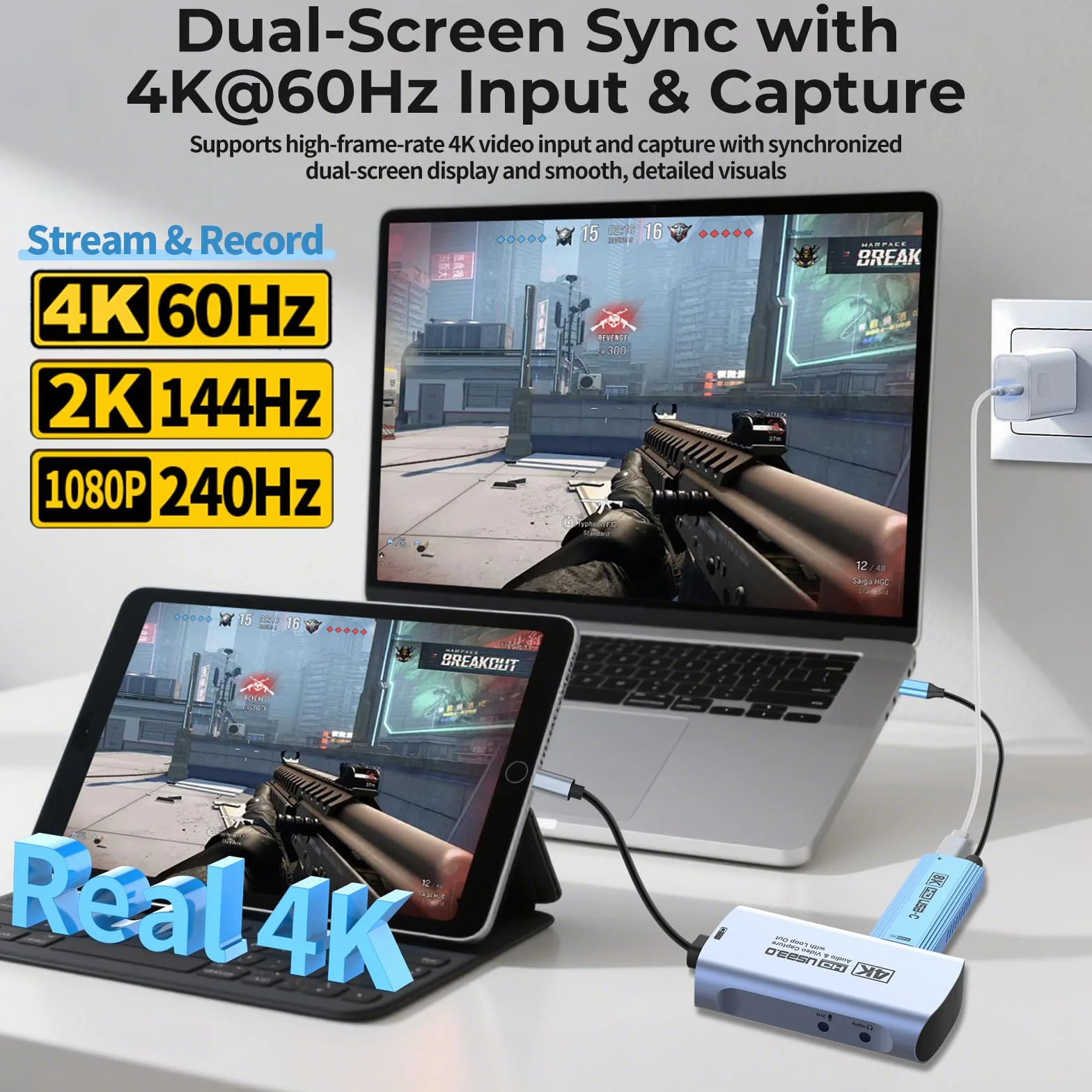 Guermok 4K 60FPS & 1080P 240FPS HDMI Capture Card for Streaming, USB 3.0 to USB-C/A, 4K60 Passthrough, 3.5mm Audio in and Mic Out, Works with Switch 2/1, PS, Quest 3, Pad, Mac, PC