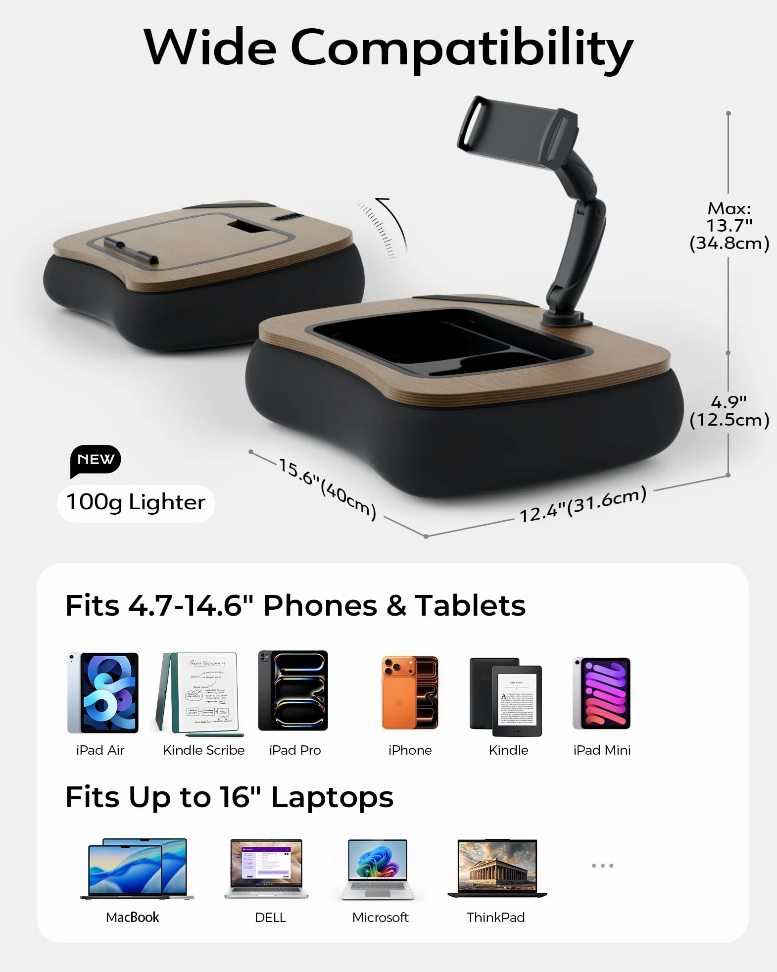 LULULOOK Supporto per cuscino per Kindle e tavolo 2 in 1, supporto regolabile per tablet, iPad da letto, braccio pieghevole per laptop da 14", iPad, telefono, tablet da 4,7-14,6" e Kindle con