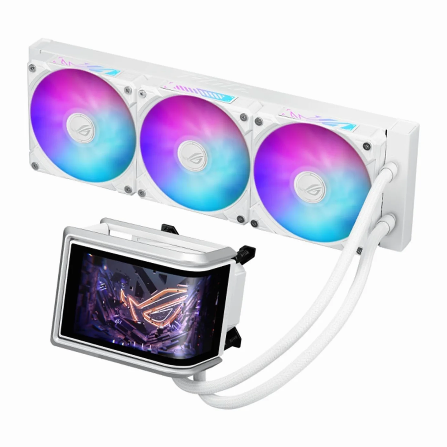 ASUS ROG RYUO IV 360 ARGB WHT, Dissipatore a Liquido con Schermo Curvo 2K AMOLED da 6,67" per Effetti 3D, Tubi da 400mm, Ventole ARGB, Compatibile con Intel LGA 1851 e 1700 e AMD AM5 e AM4, Bianco