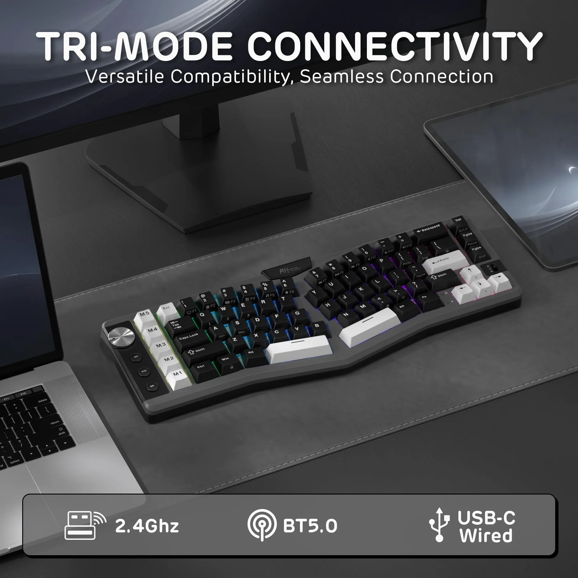 RK ROYAL KLUDGE Tastiera meccanica A72, RGB, 2,4 GHz/BT/cablata, tastiera da gioco con interruttori viola silenziosi