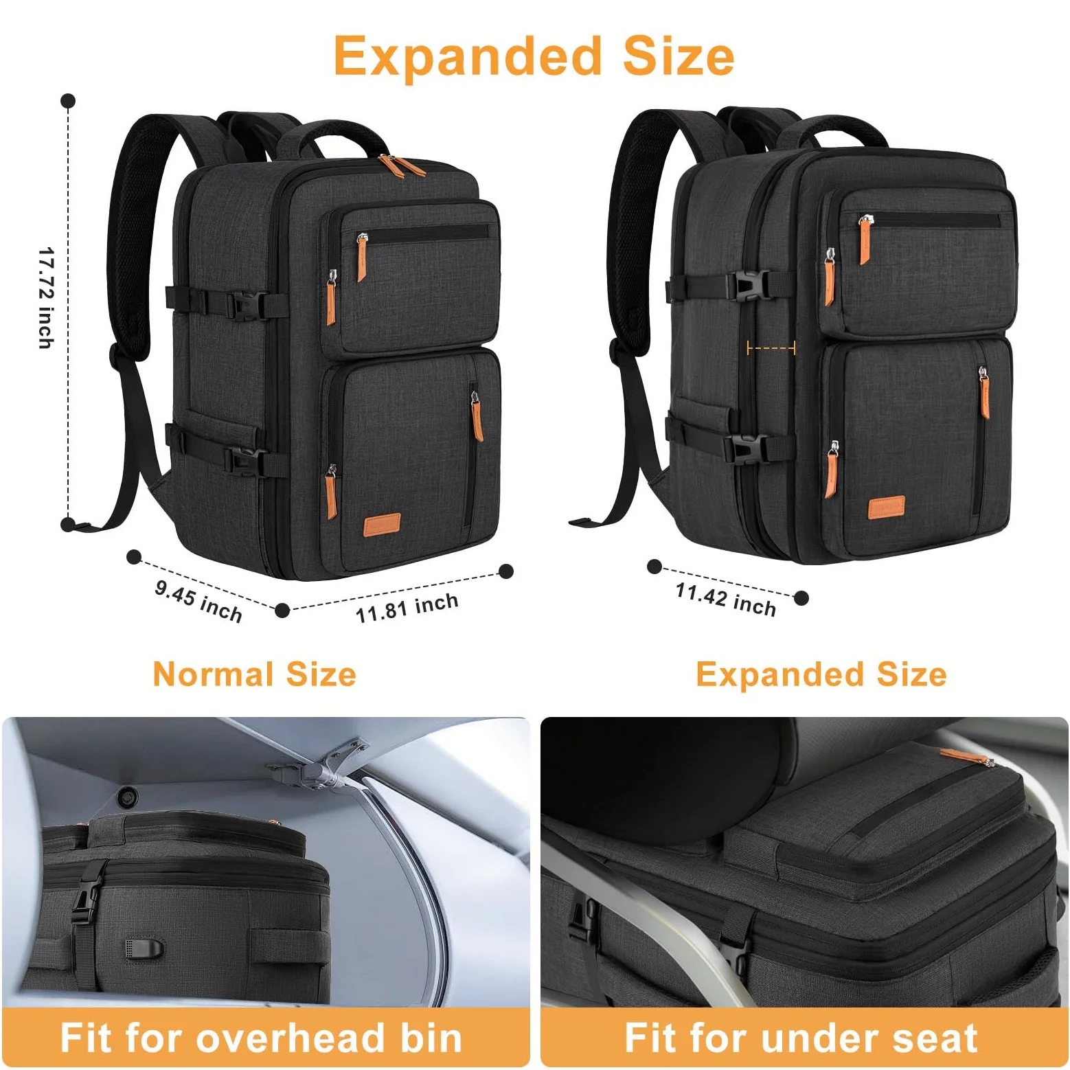 MOSISO Zaino Viaggio 40 Litri Donna e Uomo, Zaino Viaggio Approvato per il | Volo con Porta di Ricarica USB e 3 Scomparti, 17-17,3 pollici Zaini Espandibile per Laptop per Ufficio, Lavoro, Viaggi, Nero