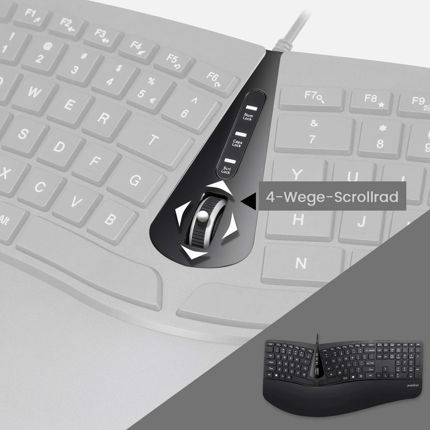 Perixx Periduo-505 - Tastiera ergonomica con mouse verticale, tastiera divisa, rotella di scorrimento a 4 vie, poggiapolsi personalizzabile, tasti piatti, con cavo USB, QWERTZ