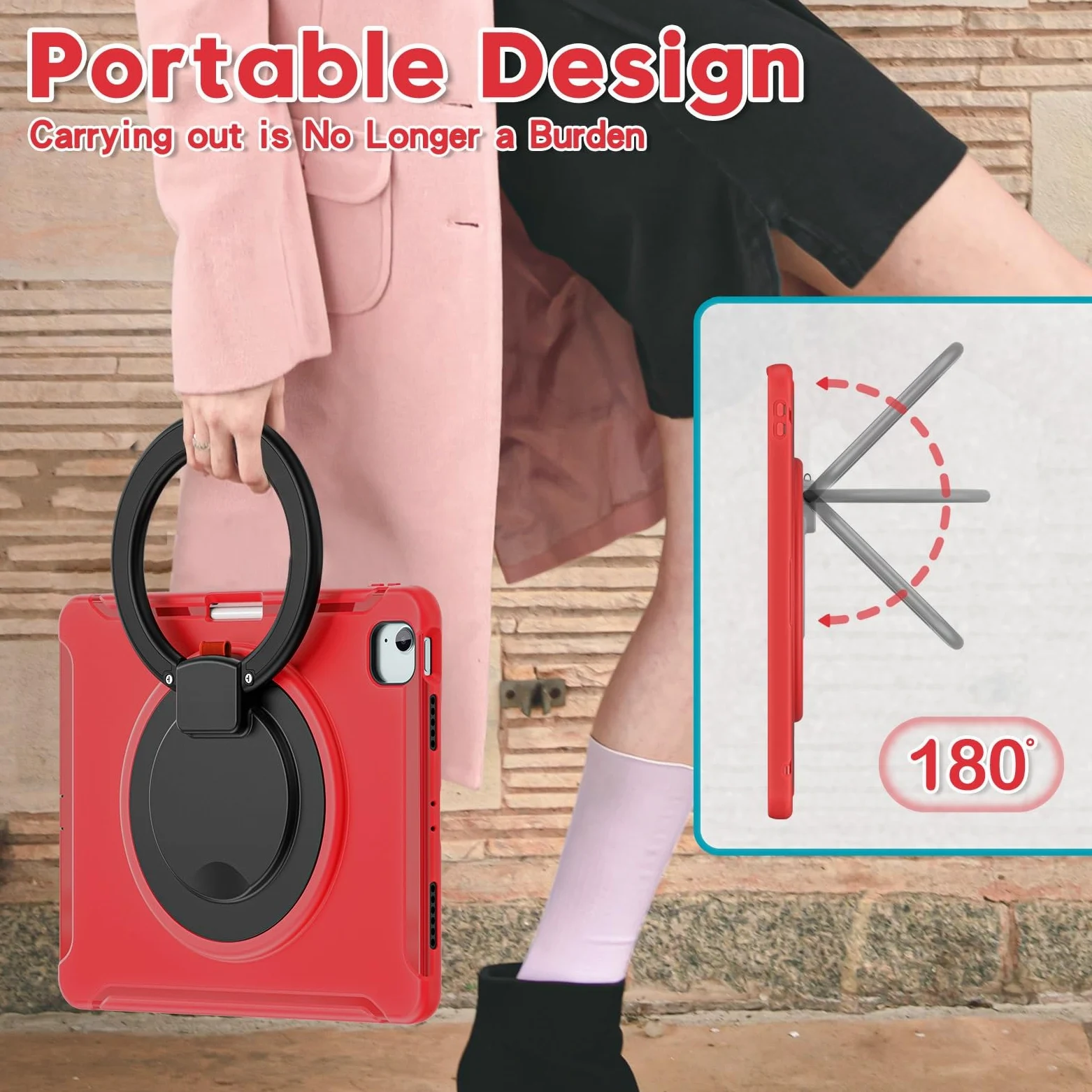 Custodia protettiva per tablet robusta per iPad Air 13 pollici, custodia protettiva robusta ibrida con impugnatura, supporto girevole (rosso)