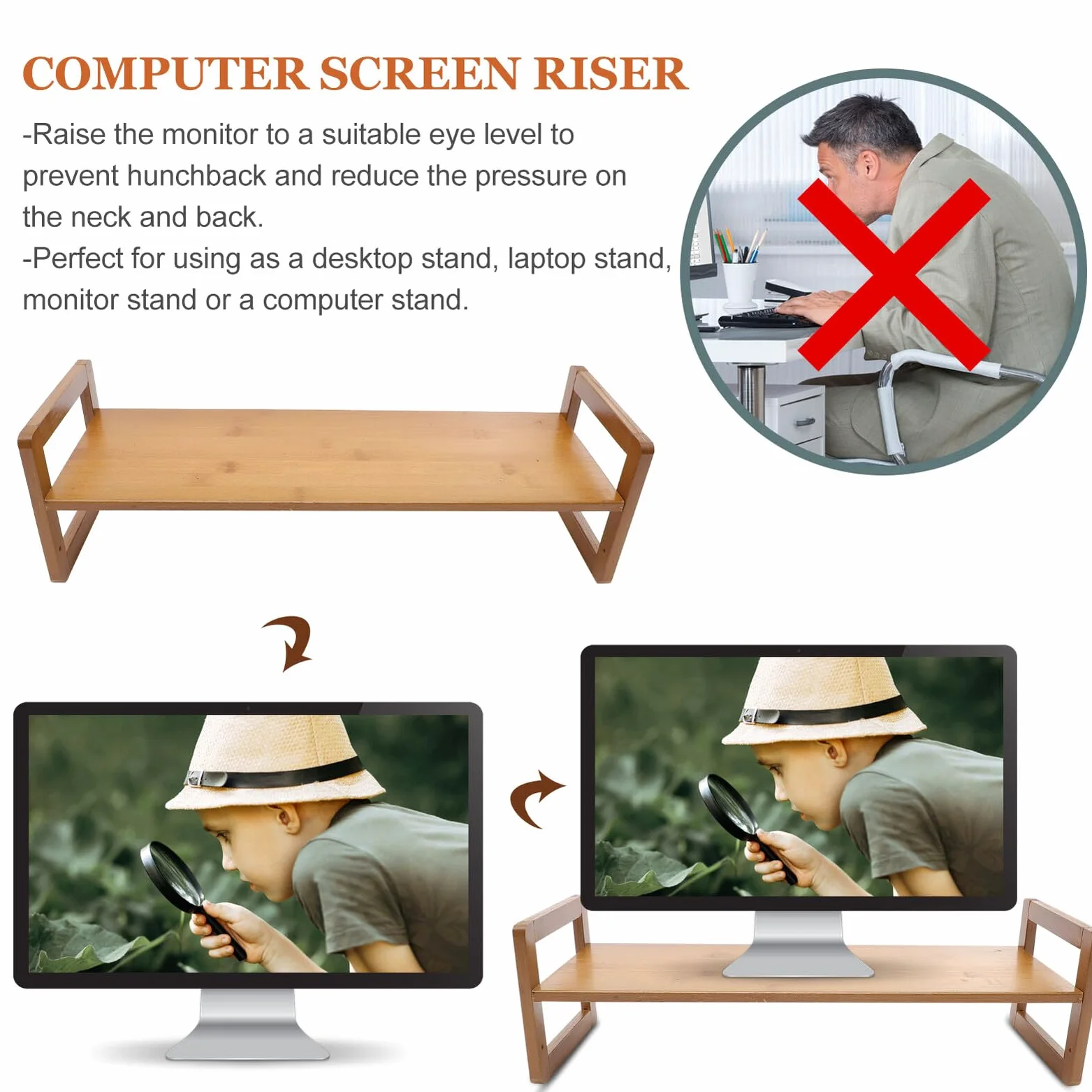 BESPORTBLE Supporto Monitor da Scrivania in Legno con Rialzo Ergonomico per Laptop e Mensola Porta Portatile Alza Monitor Fisso per Casa e Ufficio Organizzatore Desktop Resistente e
