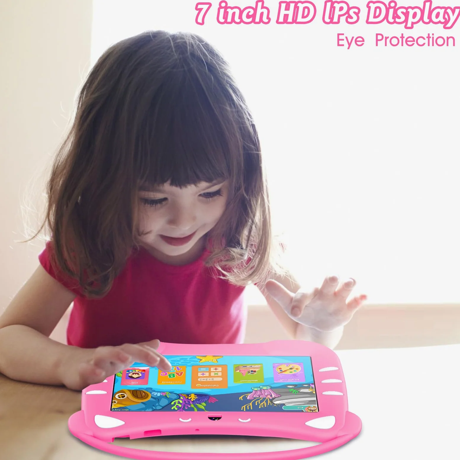 Tablet Educativo per Bambini 7 Pollici Android Tablet Bambini con WiFi Bluetooth Doppia Fotocamera 32GB ROM Controllo Parentale Custodia Protettiva (Magenta)