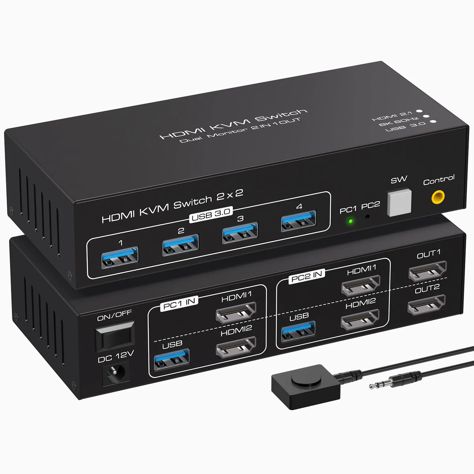 4K120Hz HDMI Interruttore KVM 2 PC 2 Monitor 8K60Hz Per KVM Switch 2 PC 2 schermi con 4 porte USB 3.0 Supporta il controllo dei cavi desktopInclude 2 cavi USB3.0