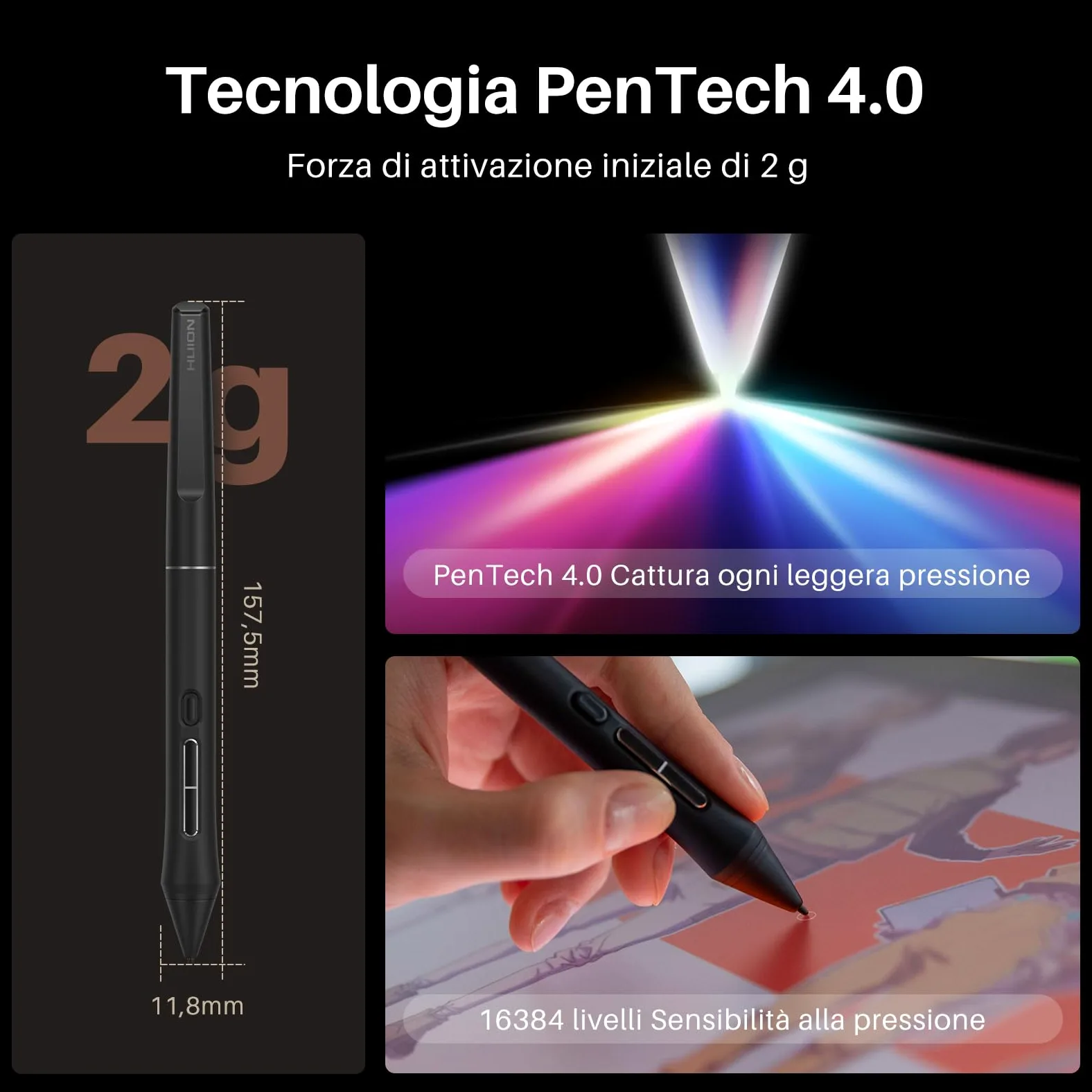 HUION KAMVAS 16 (Gen 3) Tavoletta Grafica con Schermo, PenTech 4.0, 15,8" 2.5K QHD Anti-Scintilla, 16384 Pressione Penna, Doppi Quadranti per Mac, PC, Android