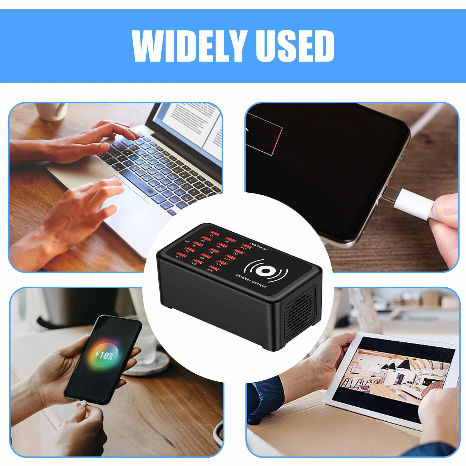 Stazione di ricarica USB - Hub a ricarica rapida a 15 porte, adattatore portatile ad alta velocità, organizer per dispositivi multipli, resistente blocco per tablet per laptop | Home Office Viaggi
