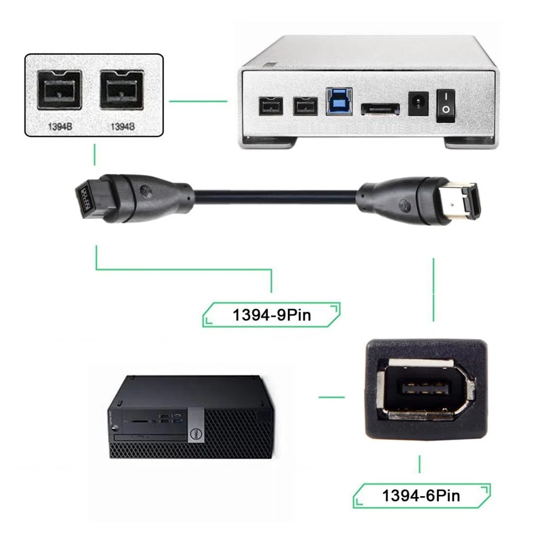 chenyang CY Cavo FireWire da 800 a 400,9 Pin maschio a 6 Pin femmina IEEE 1394B … 9 - pin / 6 - Pin Beta Firewire 800 - Firewire 400 9-6 Cable IEEE 1394b 1.8m Black