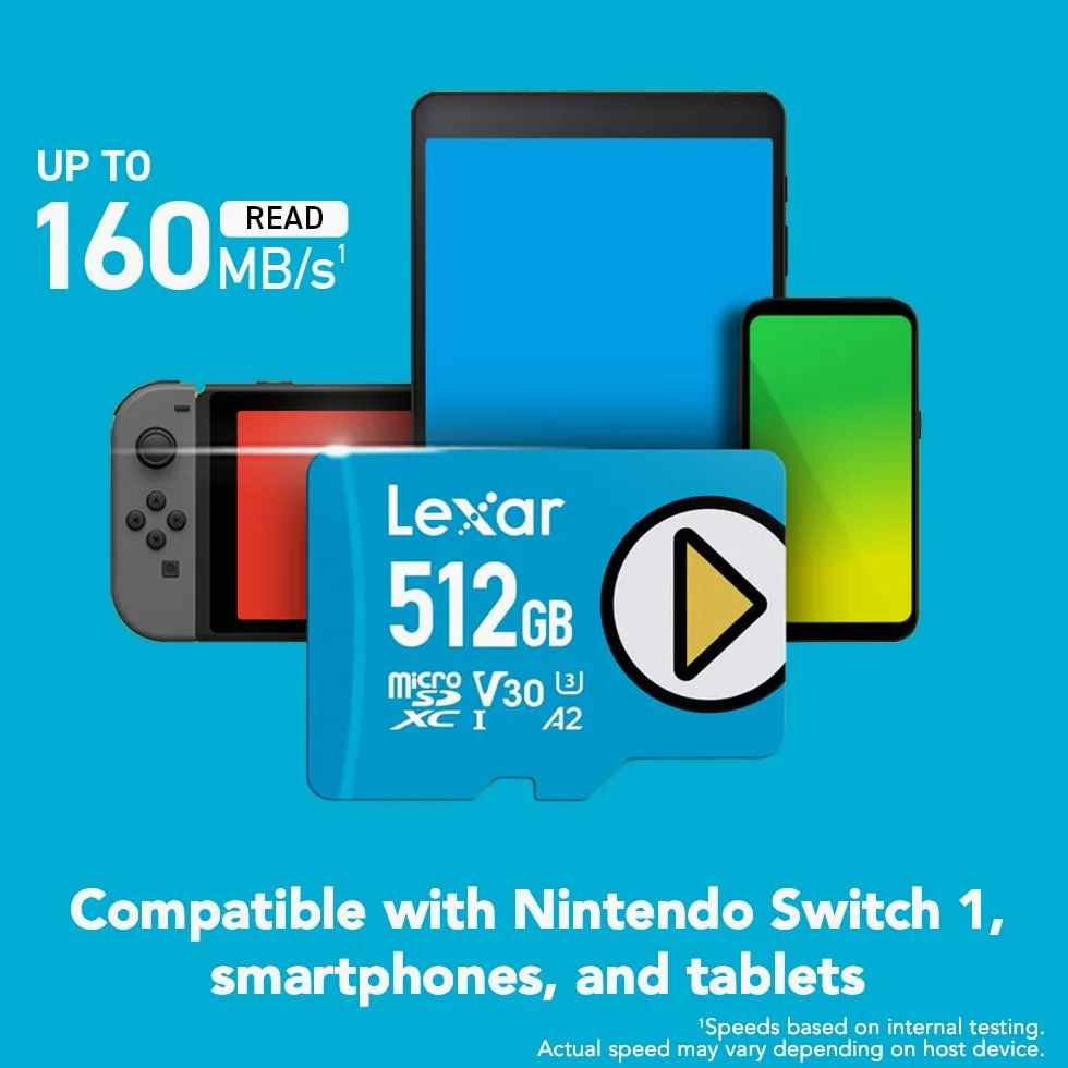 Lexar Scheda di memoria microSDXC da 512 GB, UHS-I, C10, U3, V30, A2, video 4K, lettura fino a 160 MB/s, archiviazione estesa per Nintendo Switch, dispositivi di gioco, smartphone, tablet
