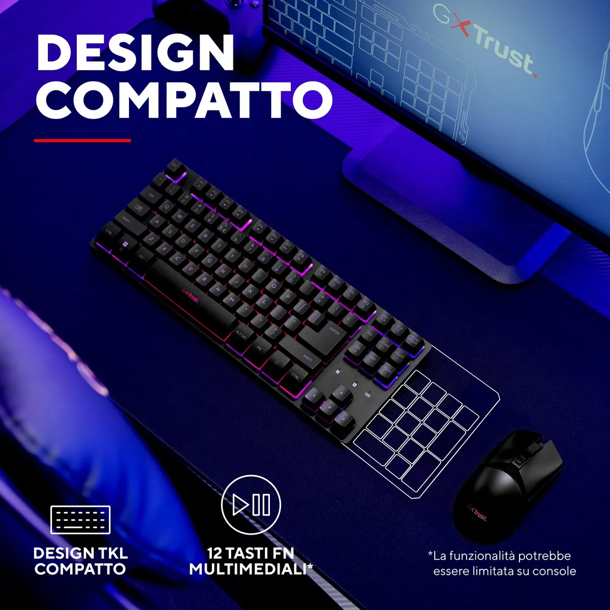 GXTrust 1831 Dothix Tastiera Gaming Wireless TKL Italiano QWERTY, Design Compatto, RGB 2.4GHz, Batteria de 420 Ore, Tastiera Ricaricabile Retroilluminata LED, Keyboard 80% per PC Laptop, Nero
