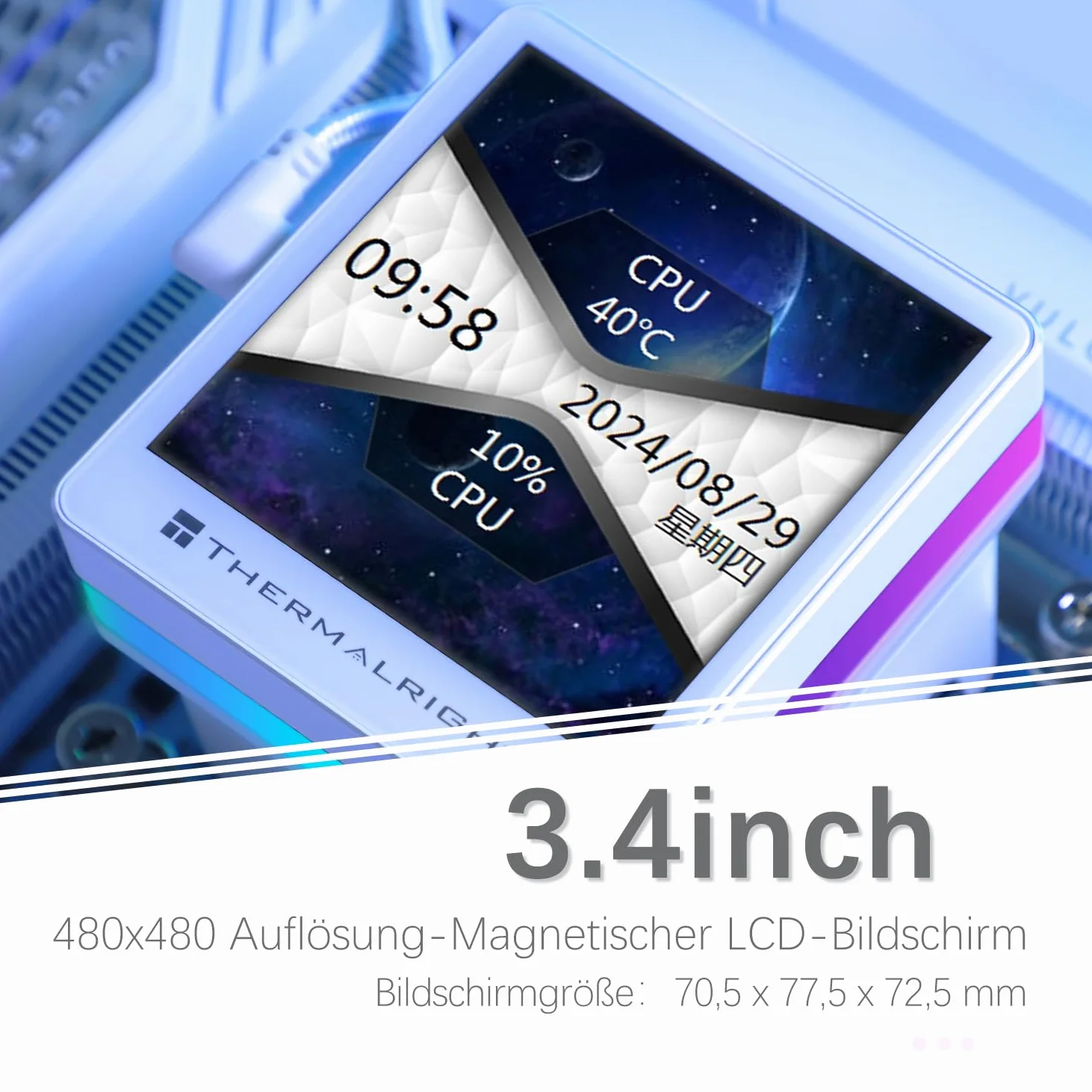 TR-Thermalright Grand Vision 360 ARGB Bianco, ventola di raffreddamento CPU con schermo LCD IPS da 3,4 pollici con risoluzione 480x480, magnete, tema schermo fai-da-te, per AM4/AM5, LGA1851/1700/115x