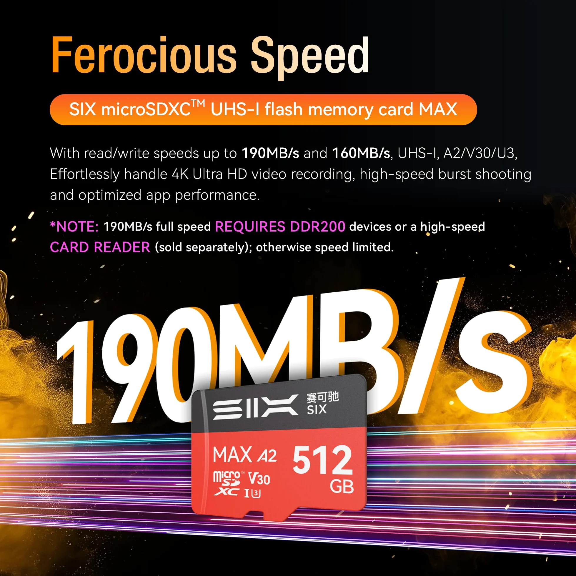 SIX Scheda micro SD M200 da 256 GB, lettura fino a 190 MB/s per registrazione continua 4K UHD, scheda di memoria microSDXC A2, U3, V30, da 256 GB, con adattatore per action camera, droni, console di
