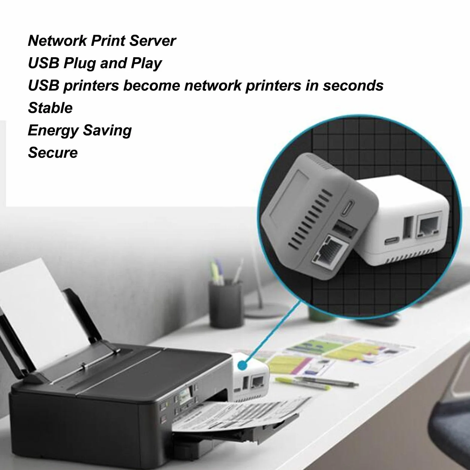 GOWENIC Server di Stampa di Rete USB 2.0, Server di Condivisione di Stampa LAN Supporta la Stampa di Immagini e Testo, per Tipografia Office School (Spina Europea)