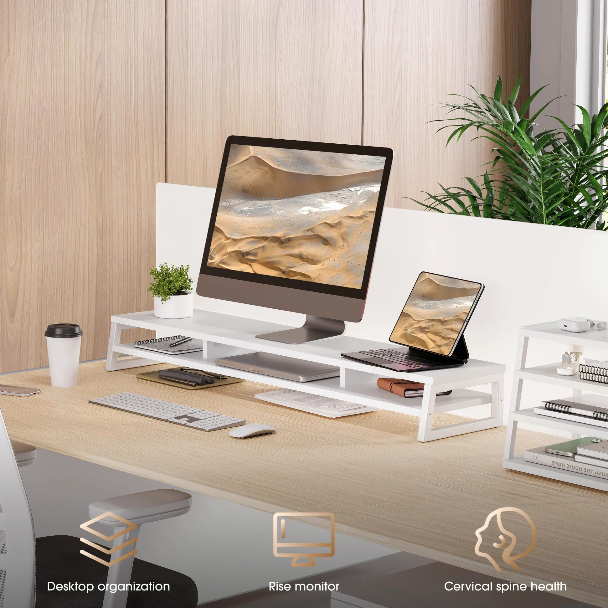Fenge Supporto per Monitor per Computer in Legno con Struttura in Metallo, Rialzo per Monitor da Scrivania a 2 Livelli, Supporto Ergonomico per Laptop, PC, Computer, L108 x W25,5 x H13,7cm, Bianco