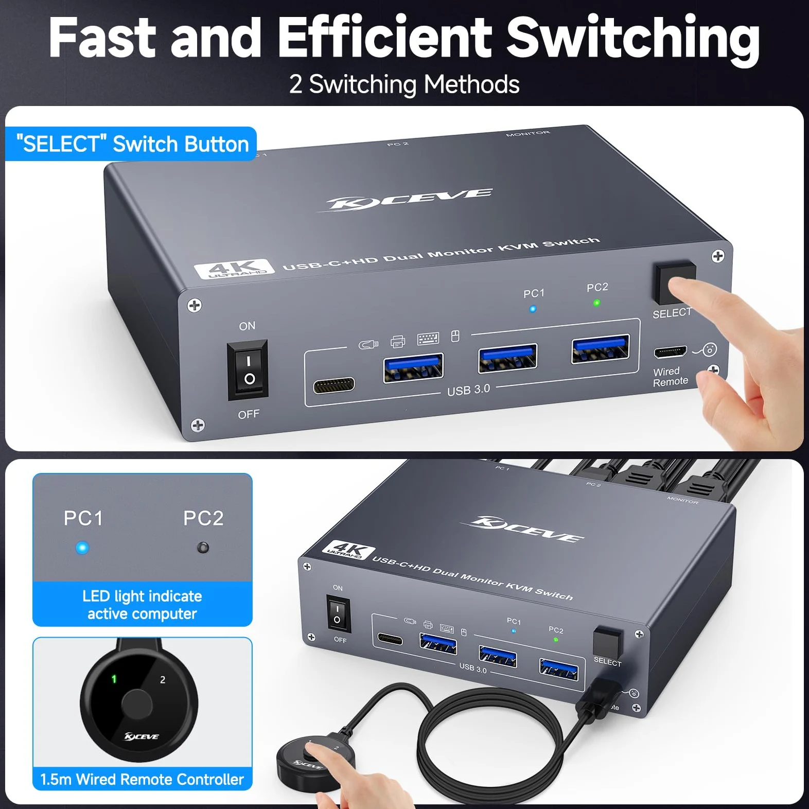 Switch KVM 2 Monitor per 1 Laptop 1 Desktop PC, USB 3.0 KVM Switch 2 PC 2 Monitor USB-C, 4K @ 60 Hz, MST, PD 100 W, Aluminium, Wired Remote(4K USBC HD 2 in 2 out)