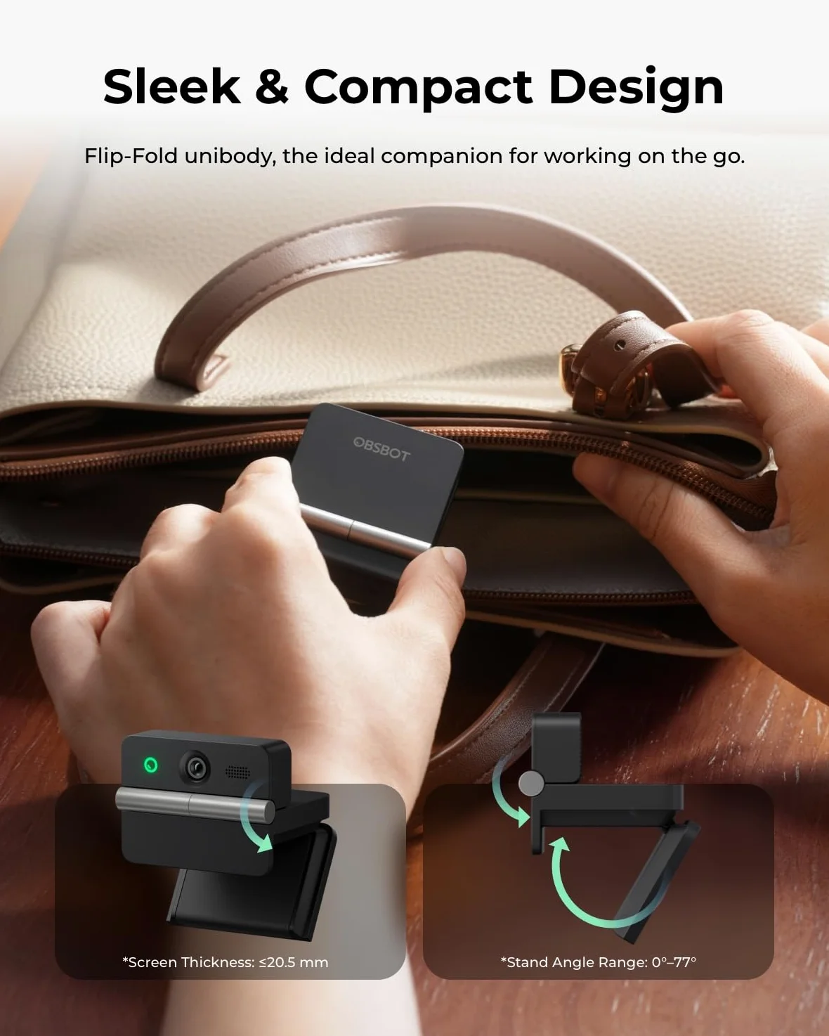 OBSBOT Meet Flip 4K Webcam Pieghevole con Sensore 1/2" e AI Inquadratura | PDAF Autofocus, Doppio Mic, Controllo Gestuale, Note AI, HDR, Beauty Mode, Webcam per Mac/PC/Zoom/Teams, ecc.