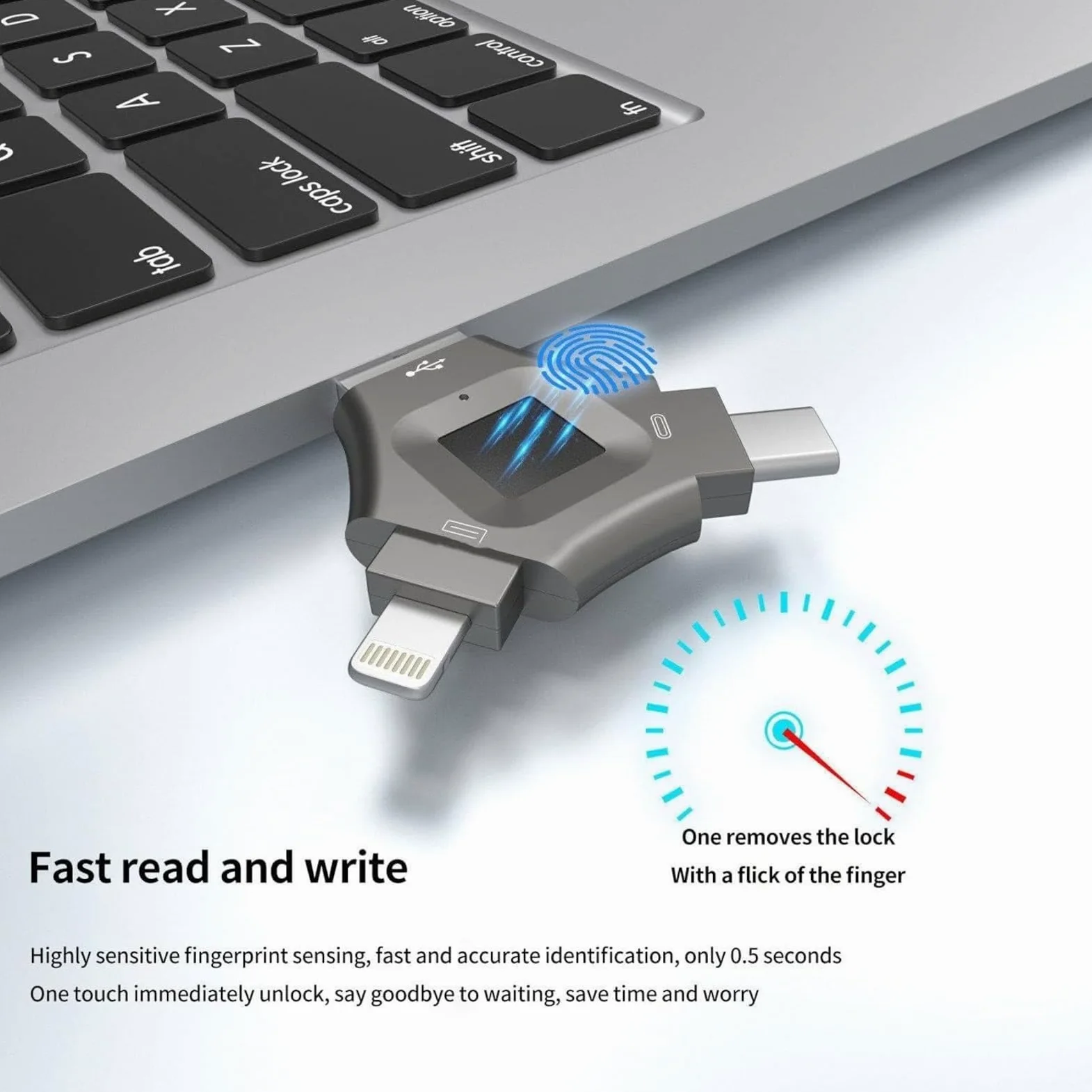 Chiavetta USB 3 in 1 con crittografo, chiavetta USB 3.0 multi-porta con Lightning, USB C e sicurezza delle impronte digitali per iPhone, Android e PC
