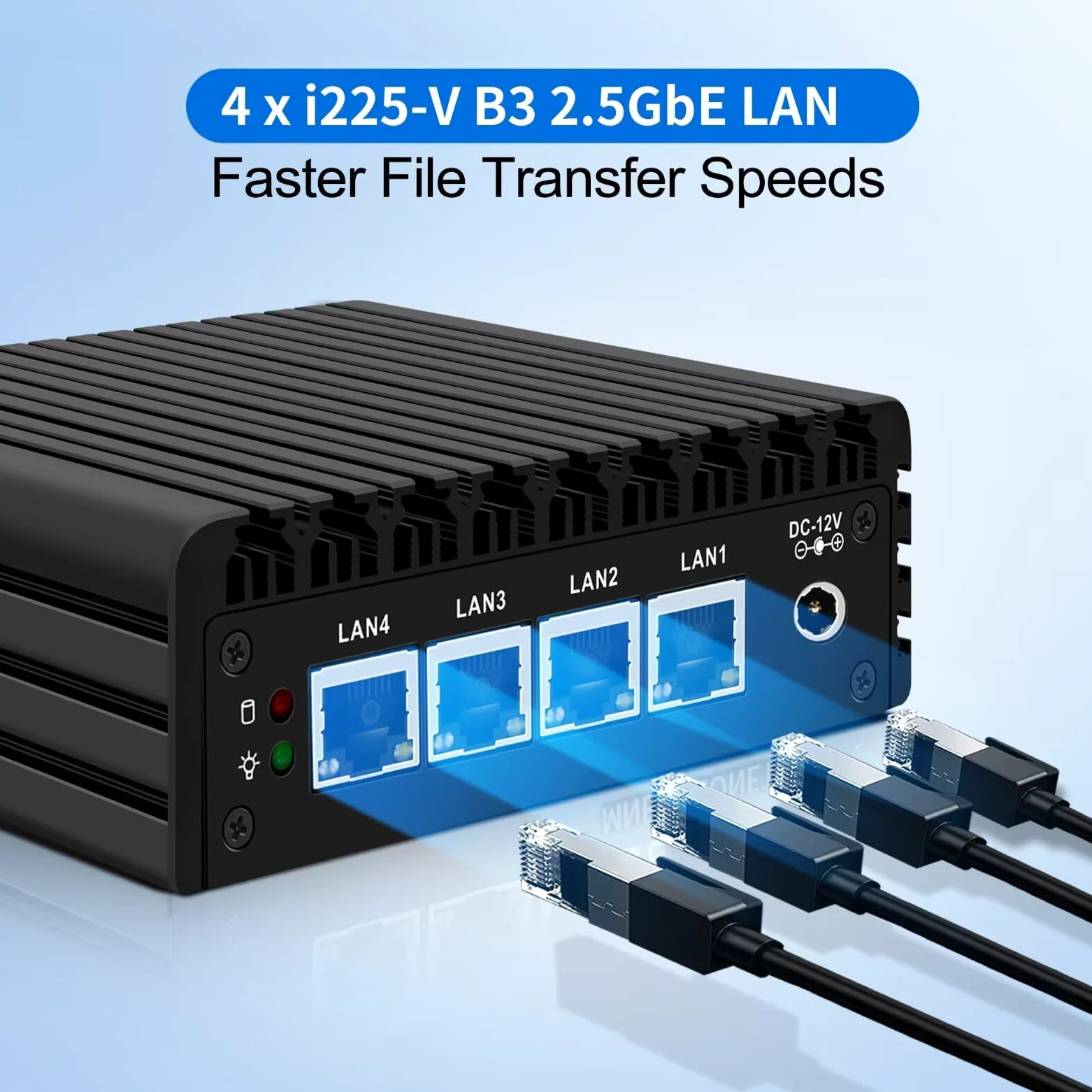 Micro Firewall Appliance, Fanless Mini PC J3710 4C/4T, 4x 2.5 GbE i225-V LAN,AES-NI,DDR3 8GB SSD 128GB Router Netzwerk Security USB3.0/HD/DP/Console RJ45 Port/Wi-Fi, Dual Display