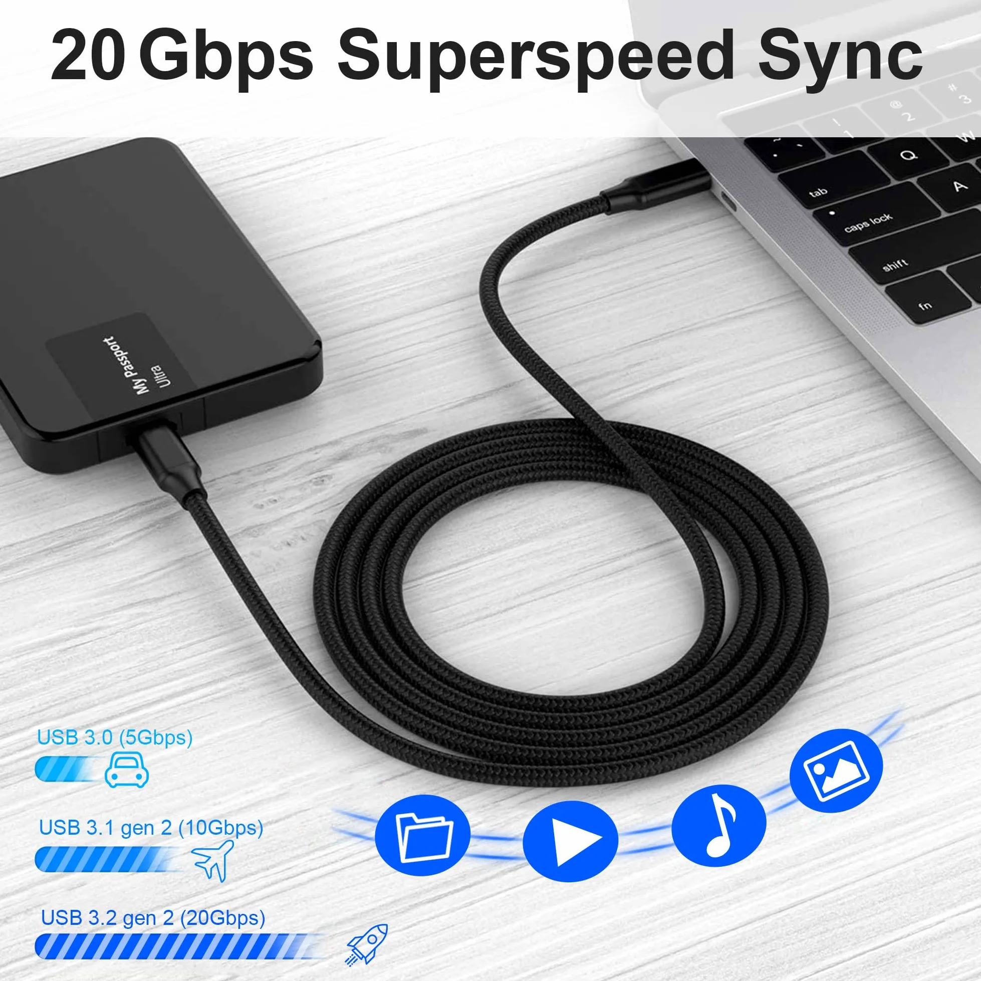Elfesoul Cavo USB C a C, cavo USB-C 3.2 Gen 2 3 m - 4K UHD 20Gbps 100W PD Cavo di ricarica rapida per MacBook Pro, per iPad Pro, nylon intrecciato, nero.