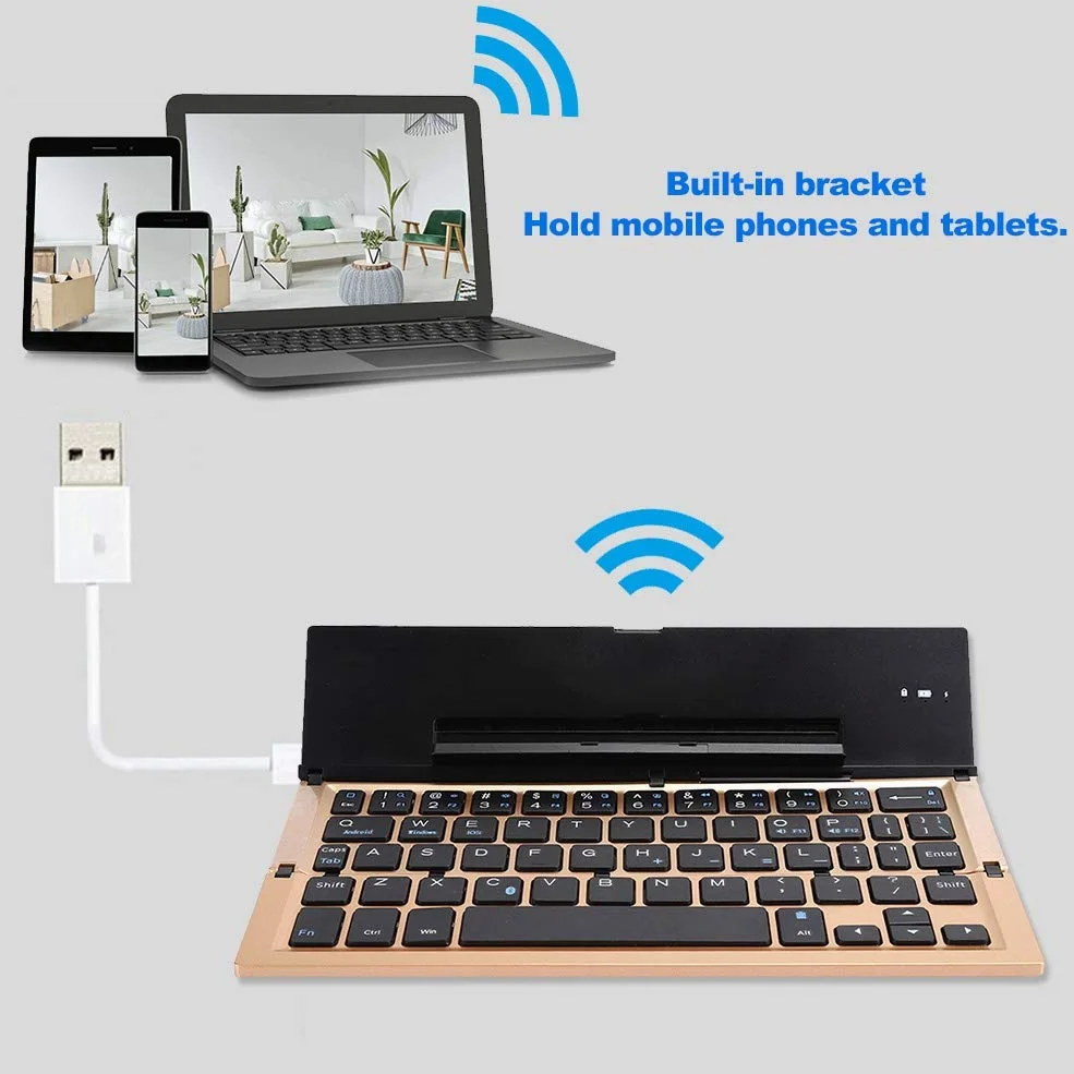 Tastiera Pieghevole Senza Fili, Tastiera Quadrata Dorata Pieghevole Bluetooth Ricaricabile USB con Supporto, per Impiegati e Amanti del Gioco