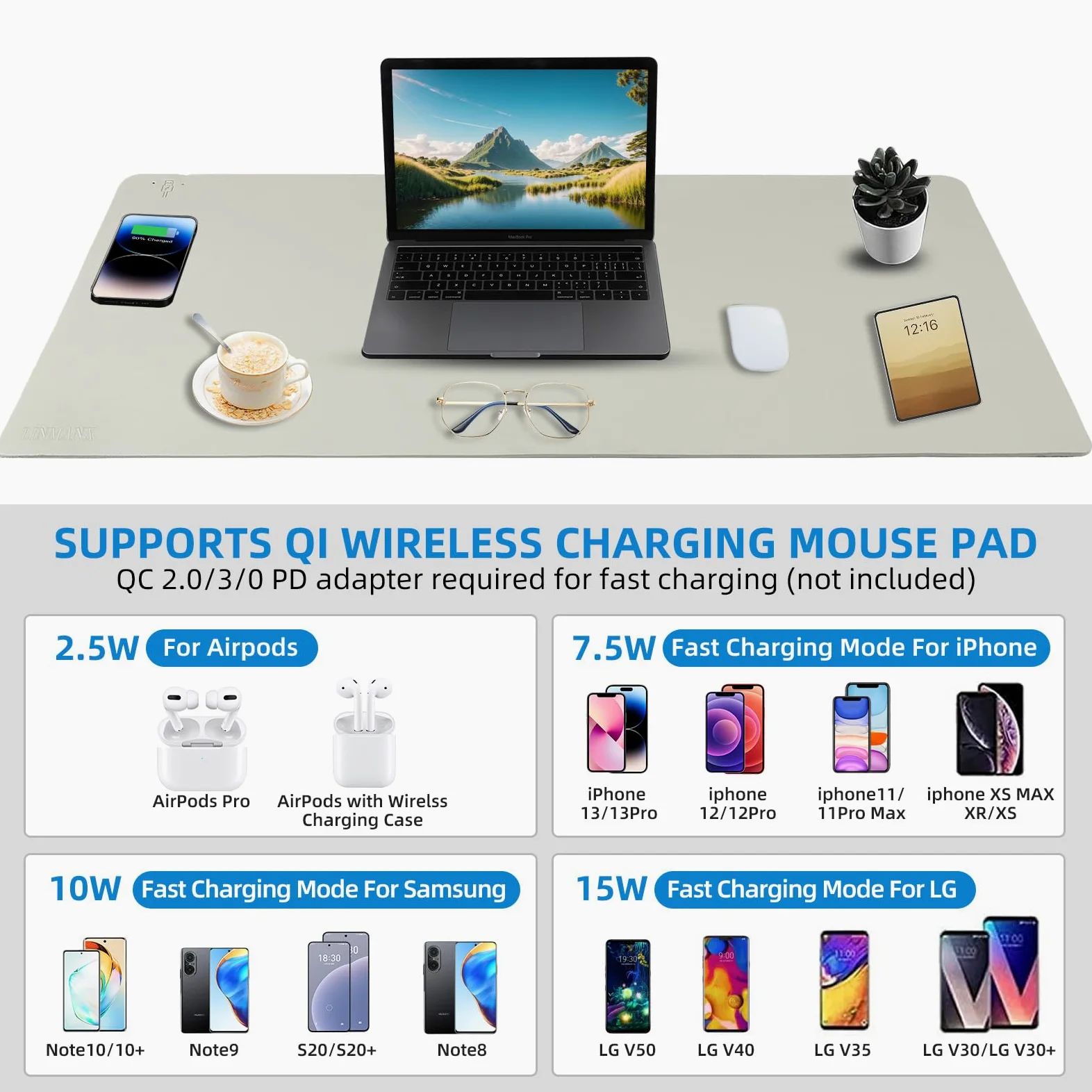 Tappetino per mouse con ricarica wireless, grande tappetino da scrivania con base antiscivolo, tappetino per mouse e tappetino per computer, tappetino di ricarica wireless per ufficio, casa, lavoro,