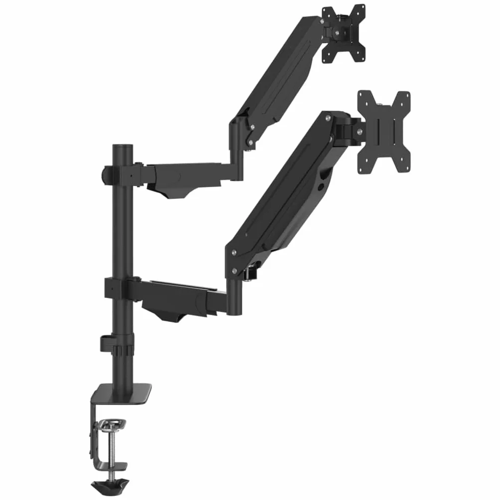 Doppio braccio monitor per max 27 pollici molla a gas 20 kg | VESA 75 x 75, 100 x 100, acciaio, morsetto a C, passacavi, rotazione a 360 gradi