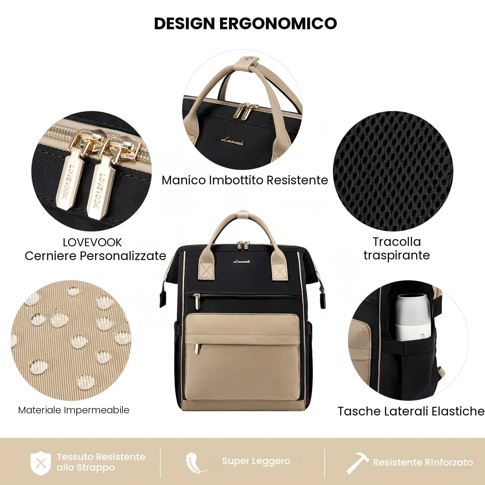 LOVEVOOK Zaino Porta PC Donna, 15,6 Pollici Impermeabile Computer Backpack Antifurto con Porta USB e Scomparto per Laptop per Scuola Università Viaggi Lavoro Aereo Ufficio, Kaki Nero