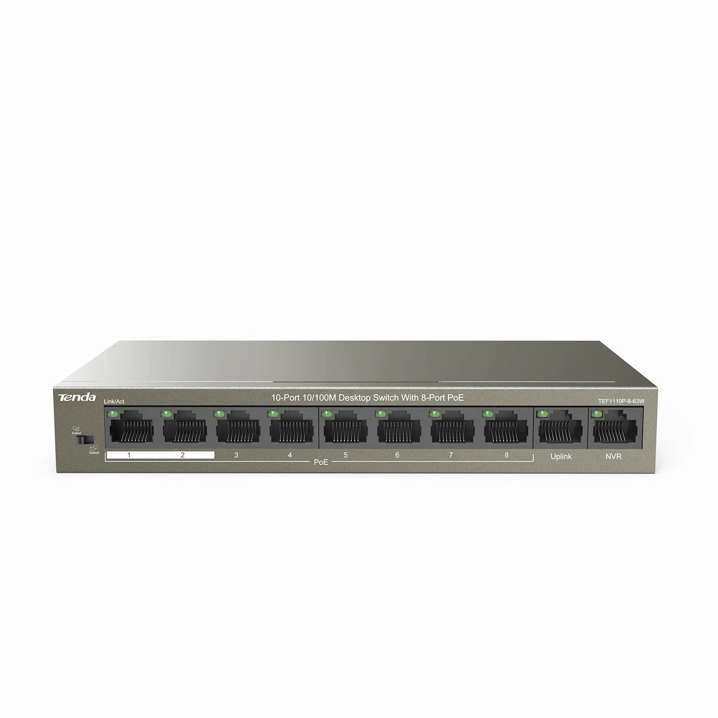Tenda PoE Switch Ethernet 10 Porte 10/100 Mbps, QoS, One-key VLAN, 8 Porte PoE, 2 Porte (Uplink&NVR), IEEE 802.3af/at ,63W, Nessuna Configurazione Richiesta, Cassa in Metallo TEF1110P-8-63W