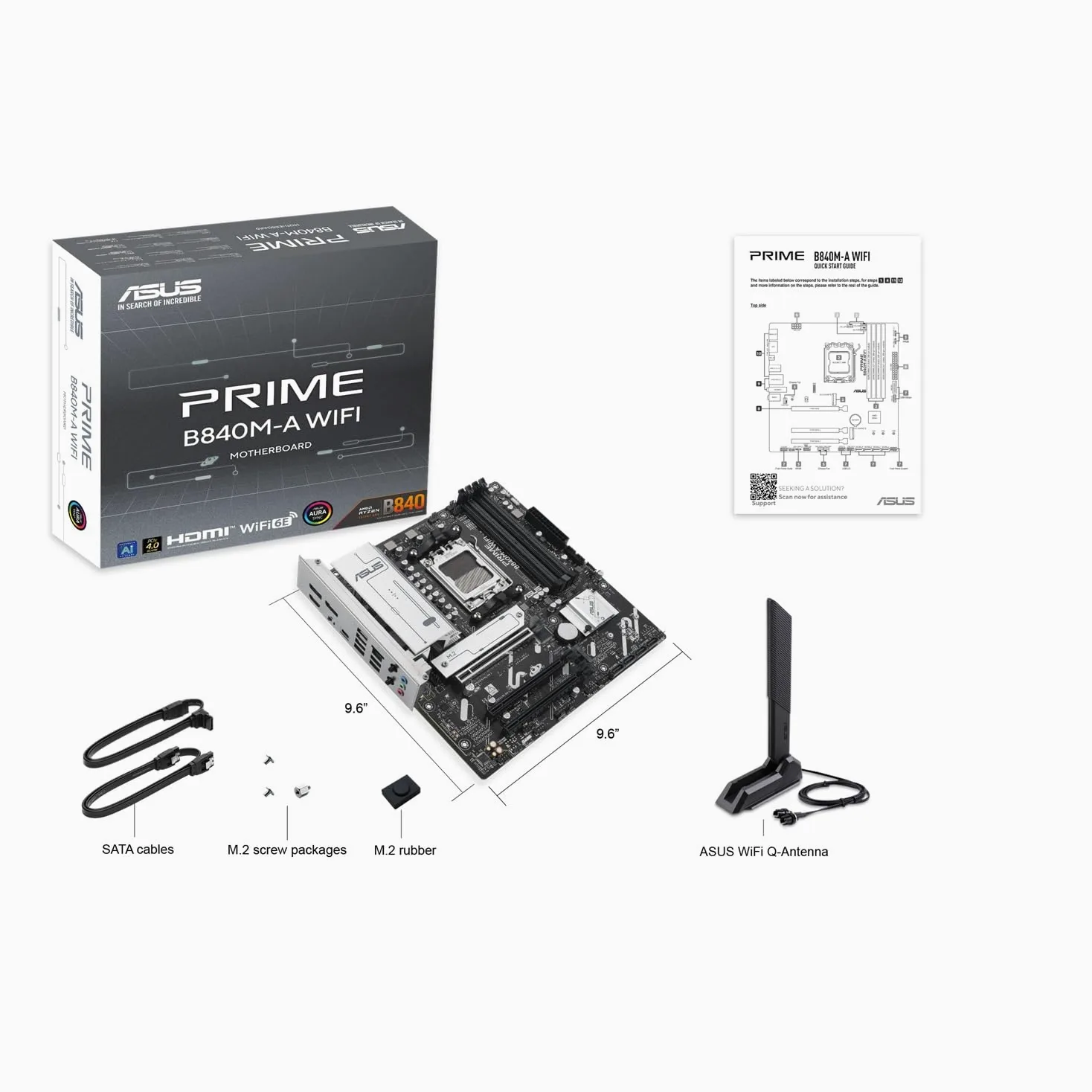 ASUS PRIME B840M-A WiFi, Scheda Madre AMD mATX, Slot DDR5, PCIe 4.0 Ready, 3 slot M.2, WiFi 6E, Ethernet Realtek 2,5 GB, DisplayPort, HDMI, USB-C da 5 Gbps Fronte e Retro, BIOS Flashback e Aura Sync