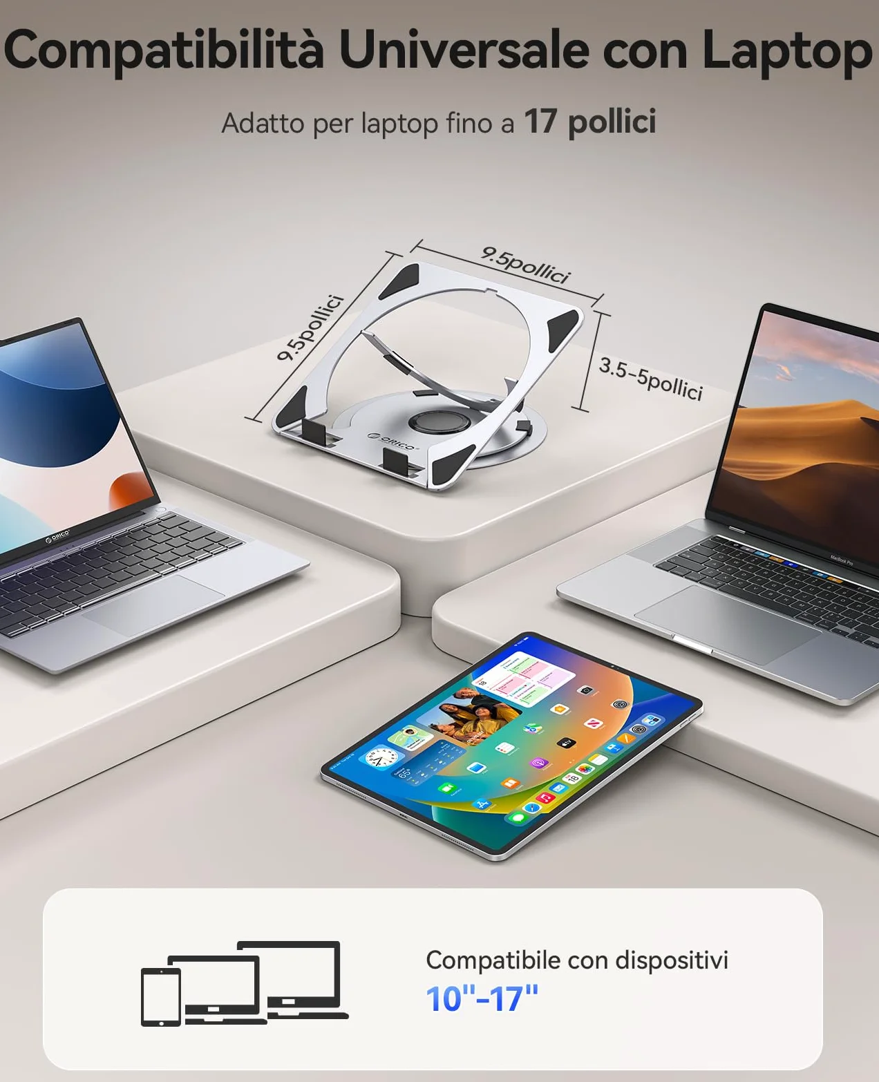ORICO Supporto PC Portatile Regolabile, Laptop Stand Ventilato con Base Girevole a 360°, Supporto Laptop Ergonomico Pieghevole per Scrivania, Compatibile con Notebook da 10-17" - NS1, Argento