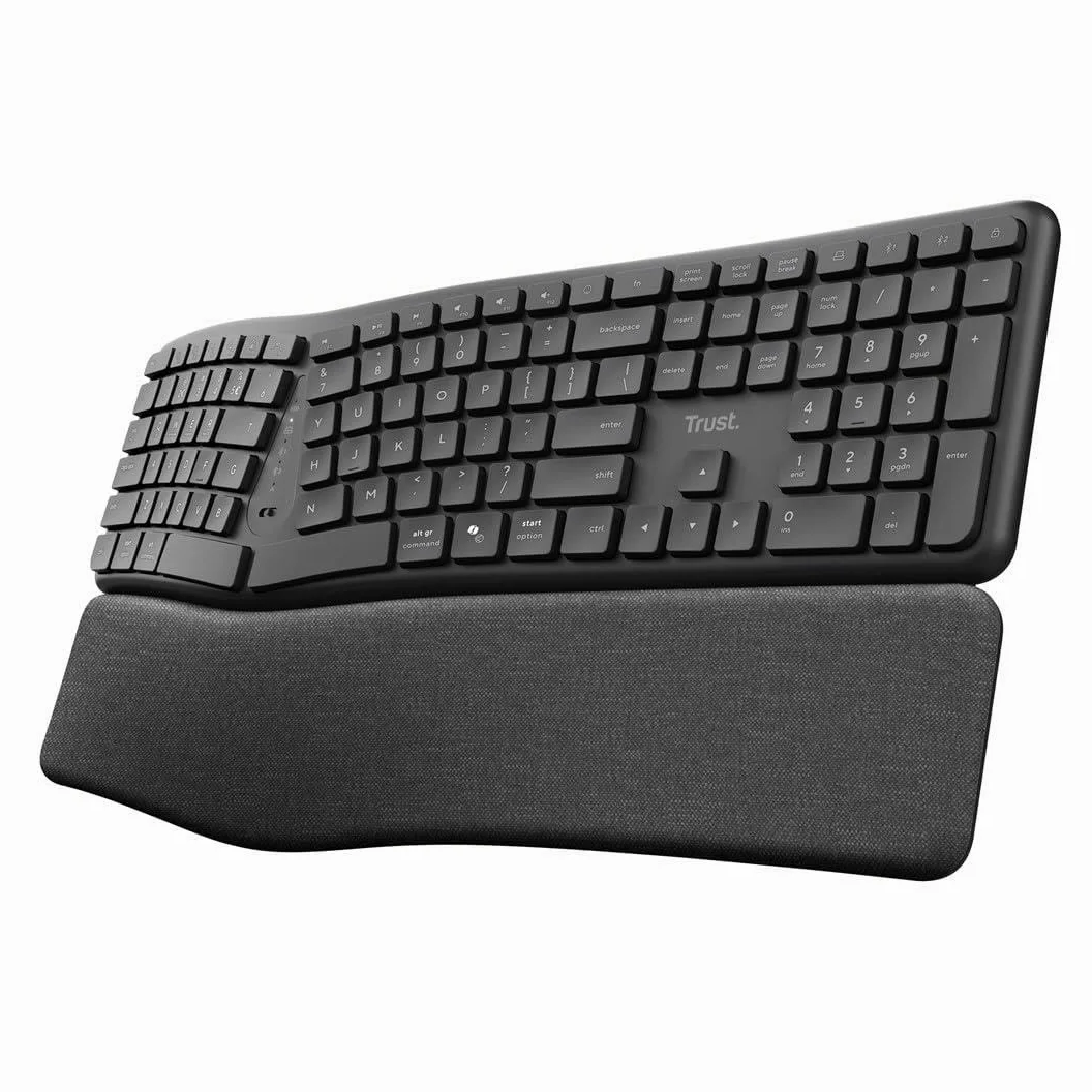 Trust Keyra Tastiera ergonomica senza fili US QWERTY Bluetooth + 2,4 GHz, tastiera wireless con layout diviso per più dispositivi con supporto per palmo, PC computer, laptop, Mac, nero