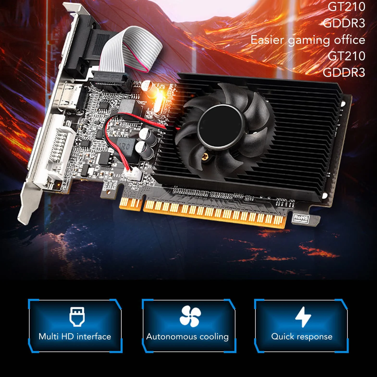 VBESTLIFE Scheda Grafica GT210, Scheda Video Desktop 1G DDR3 64 Bit 589 MHz, Interfaccia Multimediale HD, VGA, DVI, PCIE 2.0 X16, DirectX 10.1