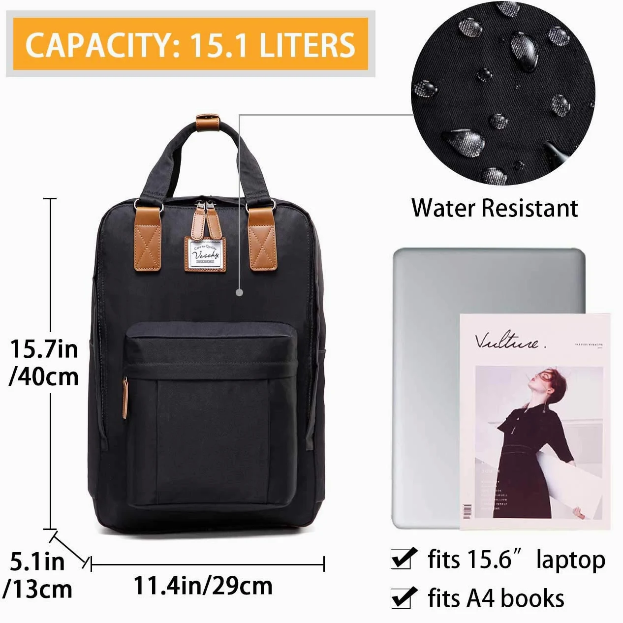 VASCHY Zaino porta PC, Zaino Donna Zaino PC 15.6 Pollici Zaino Scuola Zaino Lavoro Donna Zaino Uomo Vintage Zaino da Viaggio Antifurto Donna Zaino Università Trekking