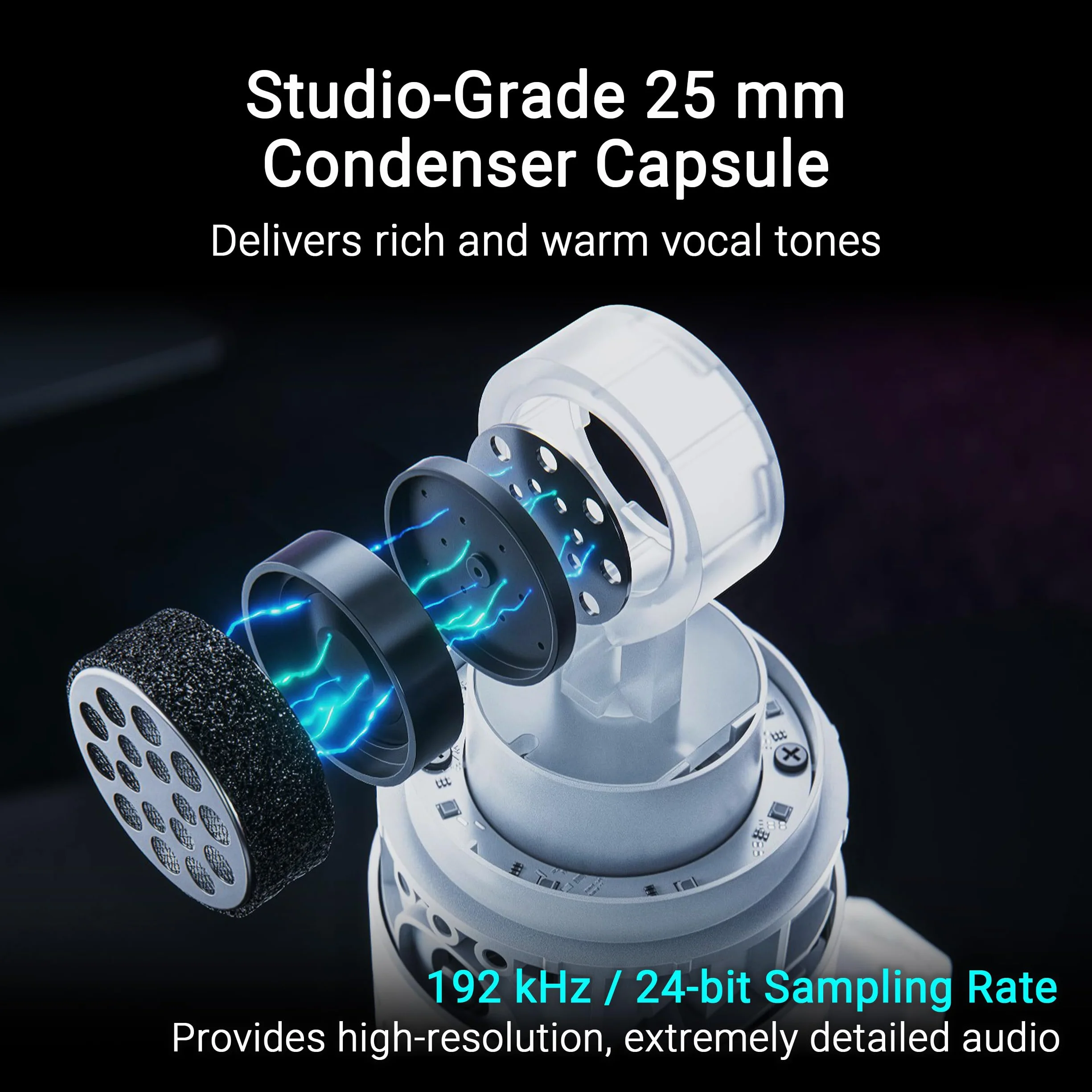 ASUS ROG Carnyx RGB Microfono USB a condensatore da 25mm Gaming, Streaming, Podcast, 192kHz/24-bit, Cardioide, Filtro passa-alto/pop integrato, Disattivazione Audio One-touch, Aura Sync RGB, Bianco