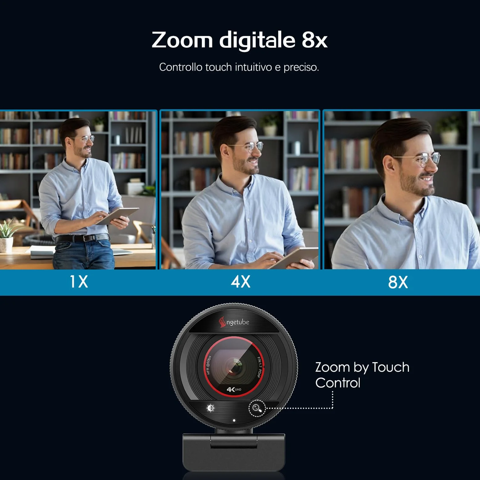 Angetube Webcam 4K per PC, Videocamera Streaming 1080P@60FPS con Autofocus PDAF, AI Noise Cancelling Mics, Zoom 8x, Webcam USB con Copertura Privacy per Laptop/Mac, Compatibile con Zoom, Teams, OBS