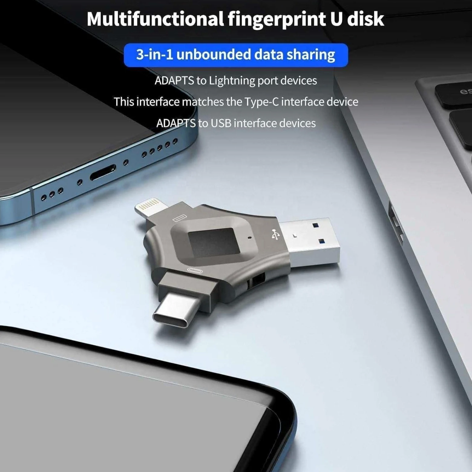 Chiavetta USB 3 in 1 con crittografo, chiavetta USB 3.0 multi-porta con Lightning, USB C e sicurezza delle impronte digitali per iPhone, Android e PC